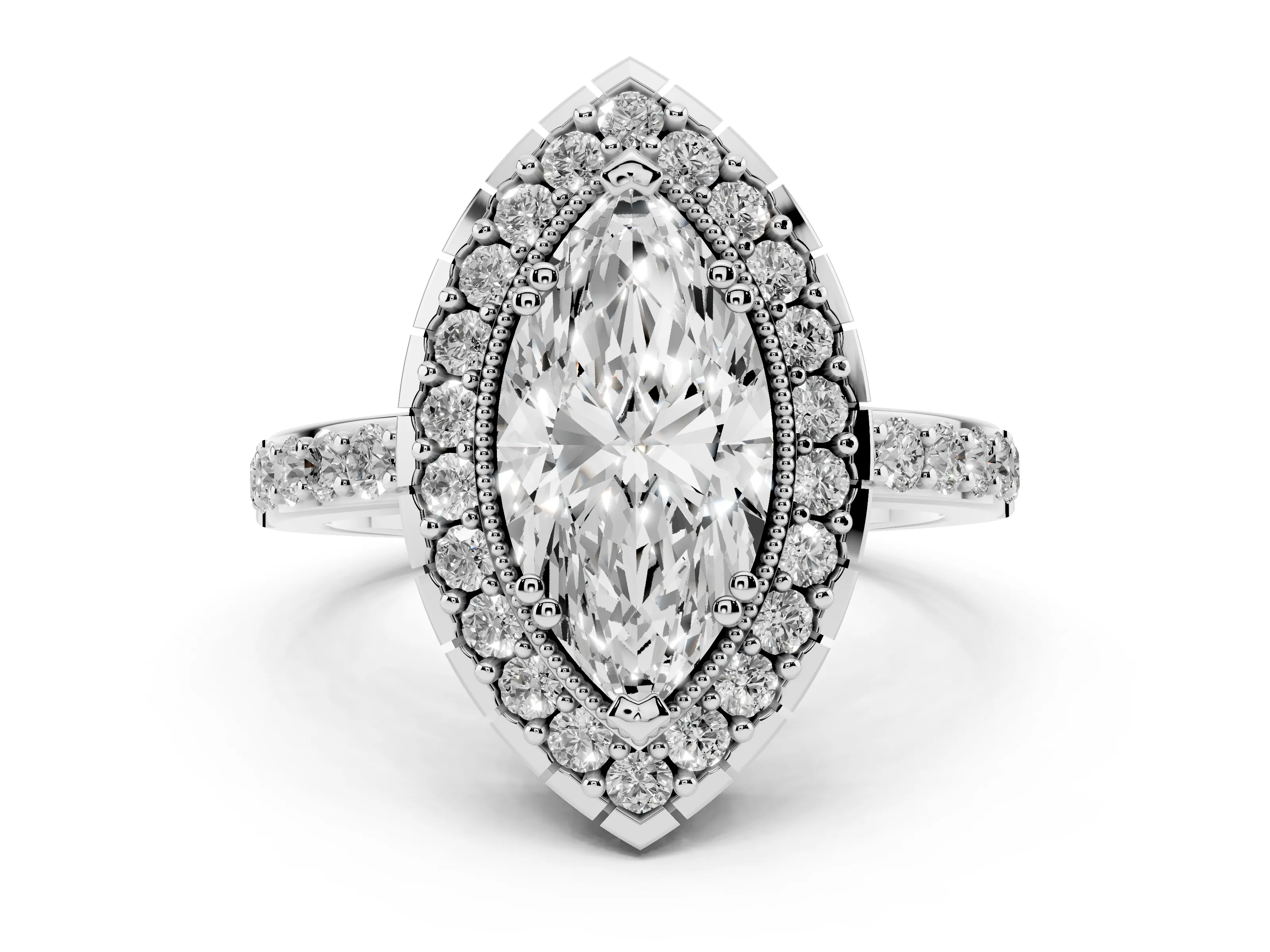 Marquise Cut Diamond Halo Ring Set in White gold with Pavé Shank and Prong Setting