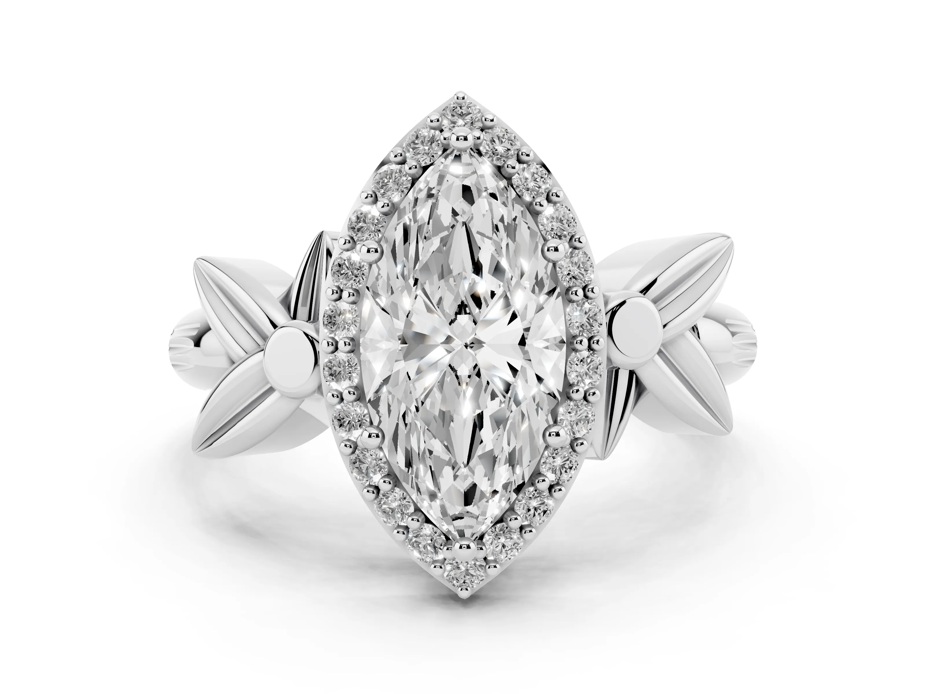 Marquise Cut Diamond Halo Floral Band Ring Set in White gold with Prong Setting