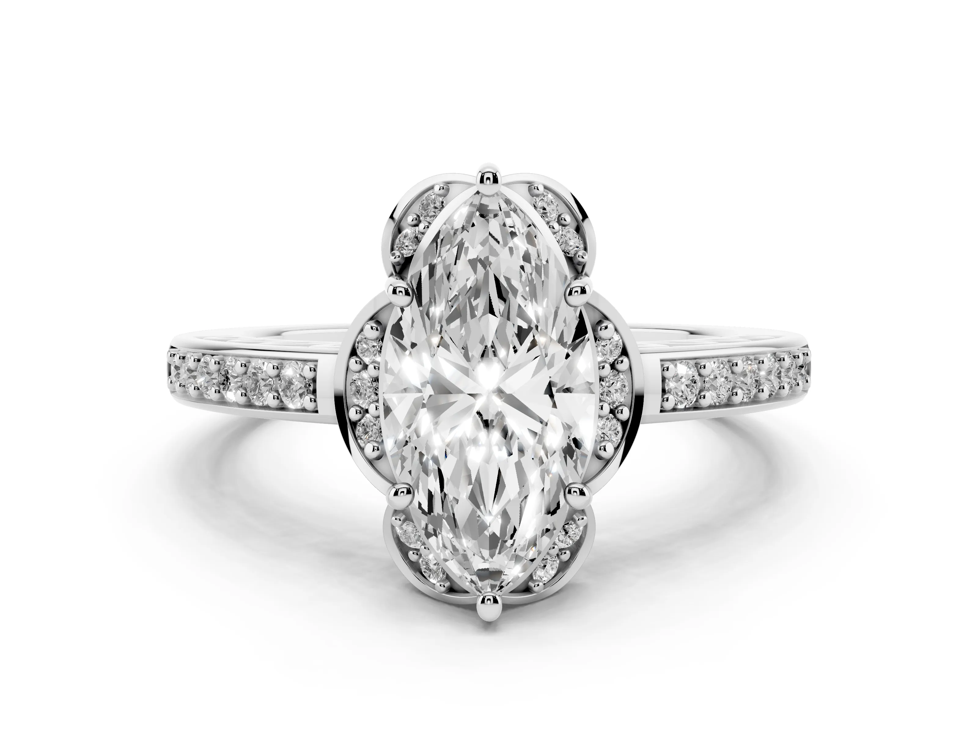 Marquise Cut Diamond Halo Ring Set in White gold with Channel Set Band and Prong Setting