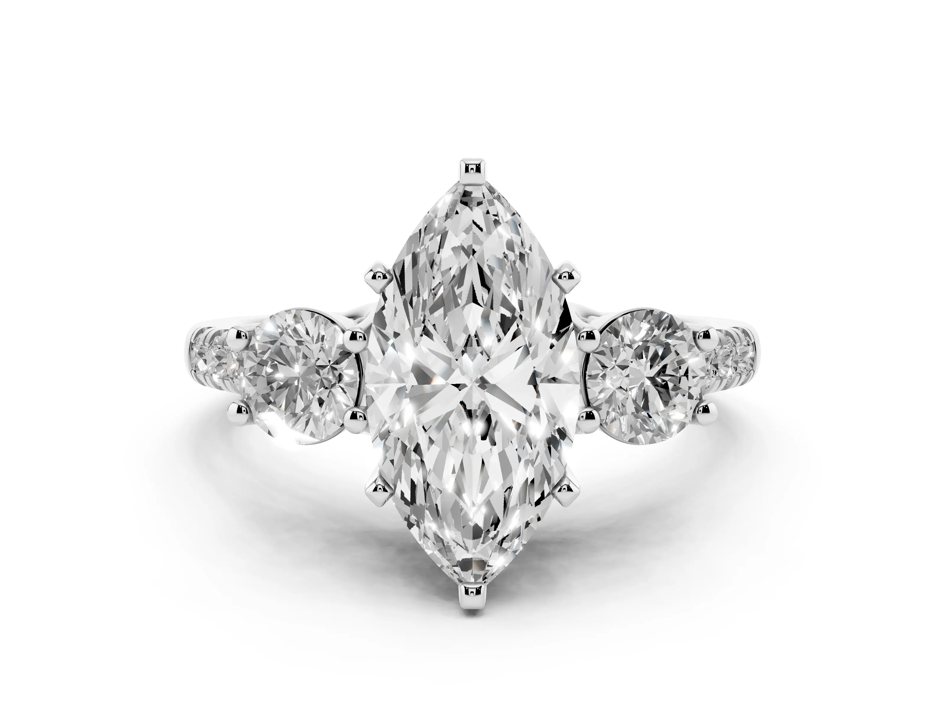 Three-Stone Marquise Cut Diamond Pavé Band Ring Set in Platinum with Prong-Set Trio