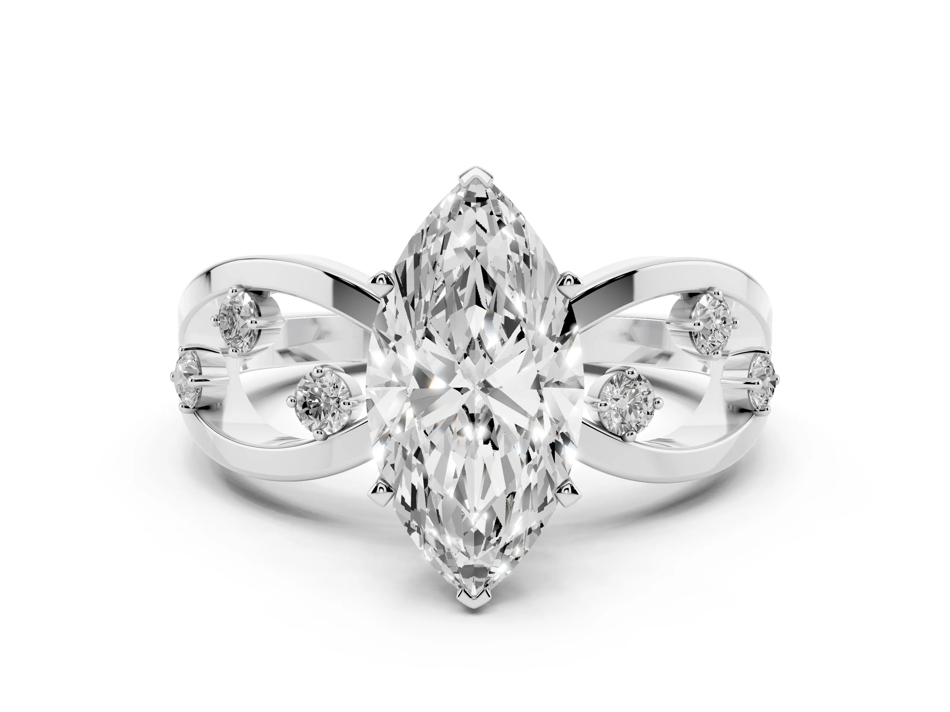 Marquise Cut Diamond Solitaire Ring Set in Silver with Side Stones on Criss-Cross Band and Prong Setting