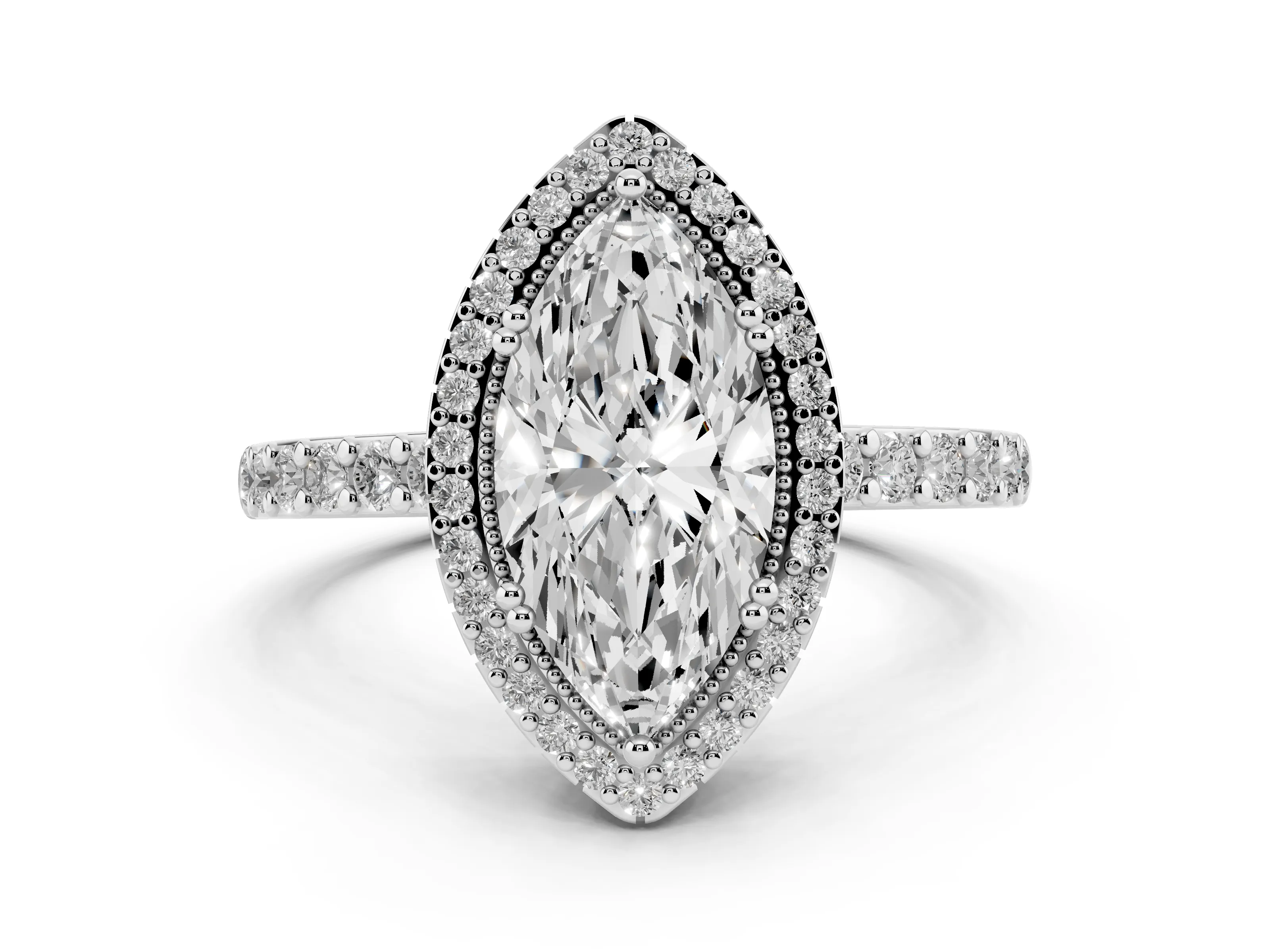 Marquise Cut Diamond Halo Engagement Ring Set in White gold with Milgrain Detail and Pavé Band