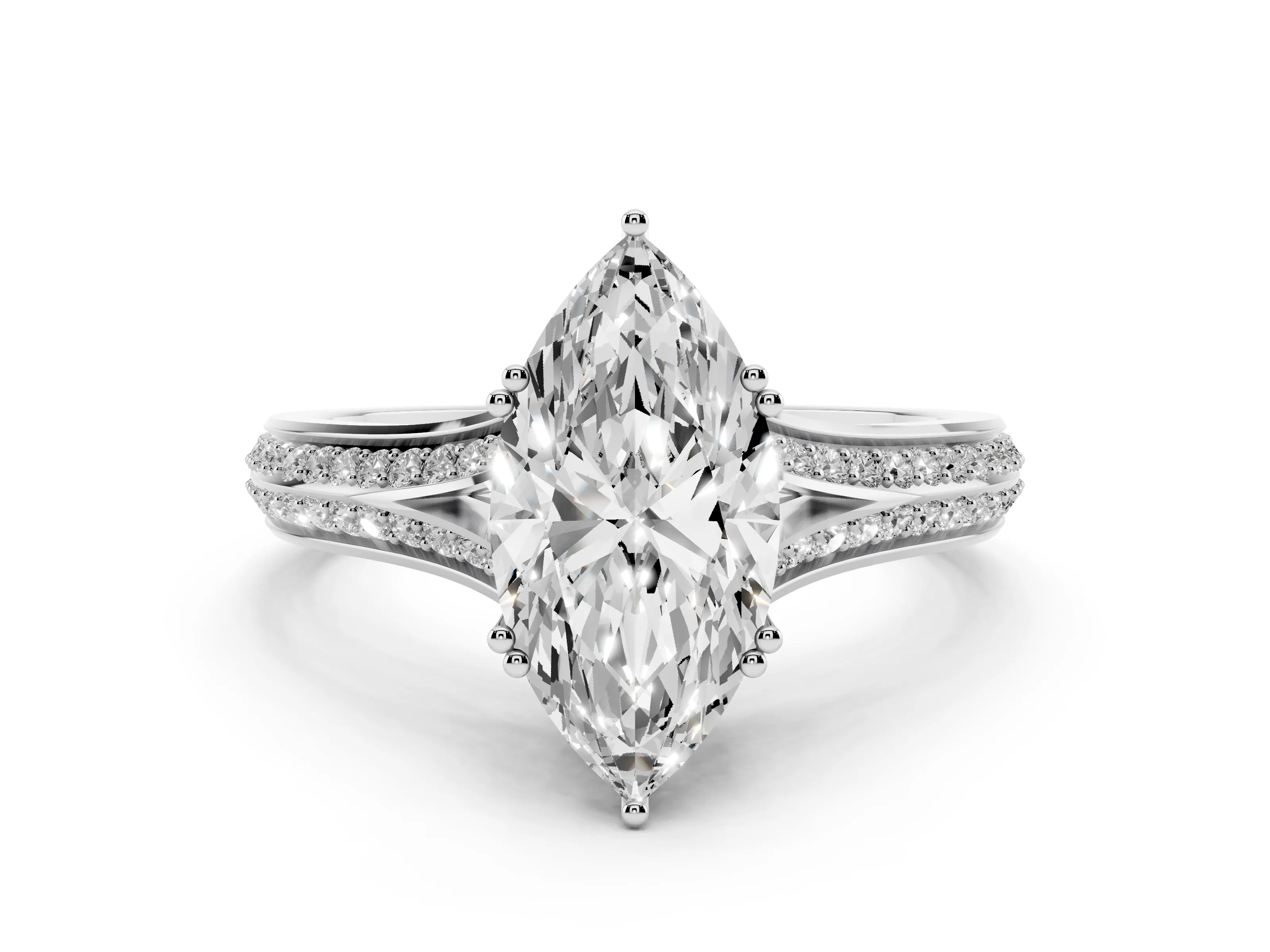 Marquise Cut Diamond Split Shank Pavé Engagement Ring Set in White gold with Prong-Set Center Stone