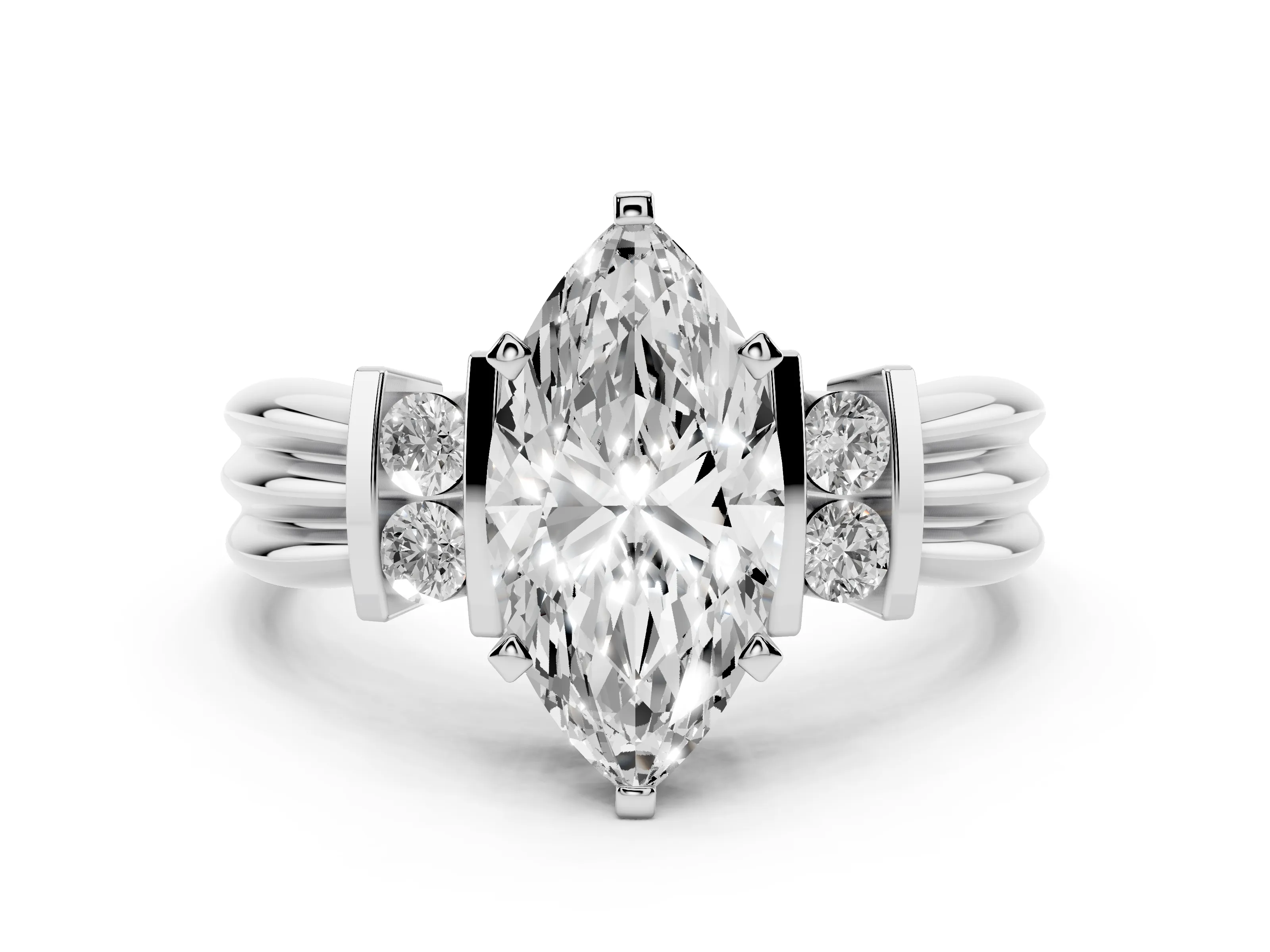Three-Stone Marquise Cut Diamond Channel Set Ring Set in Platinum with Bar Prongs