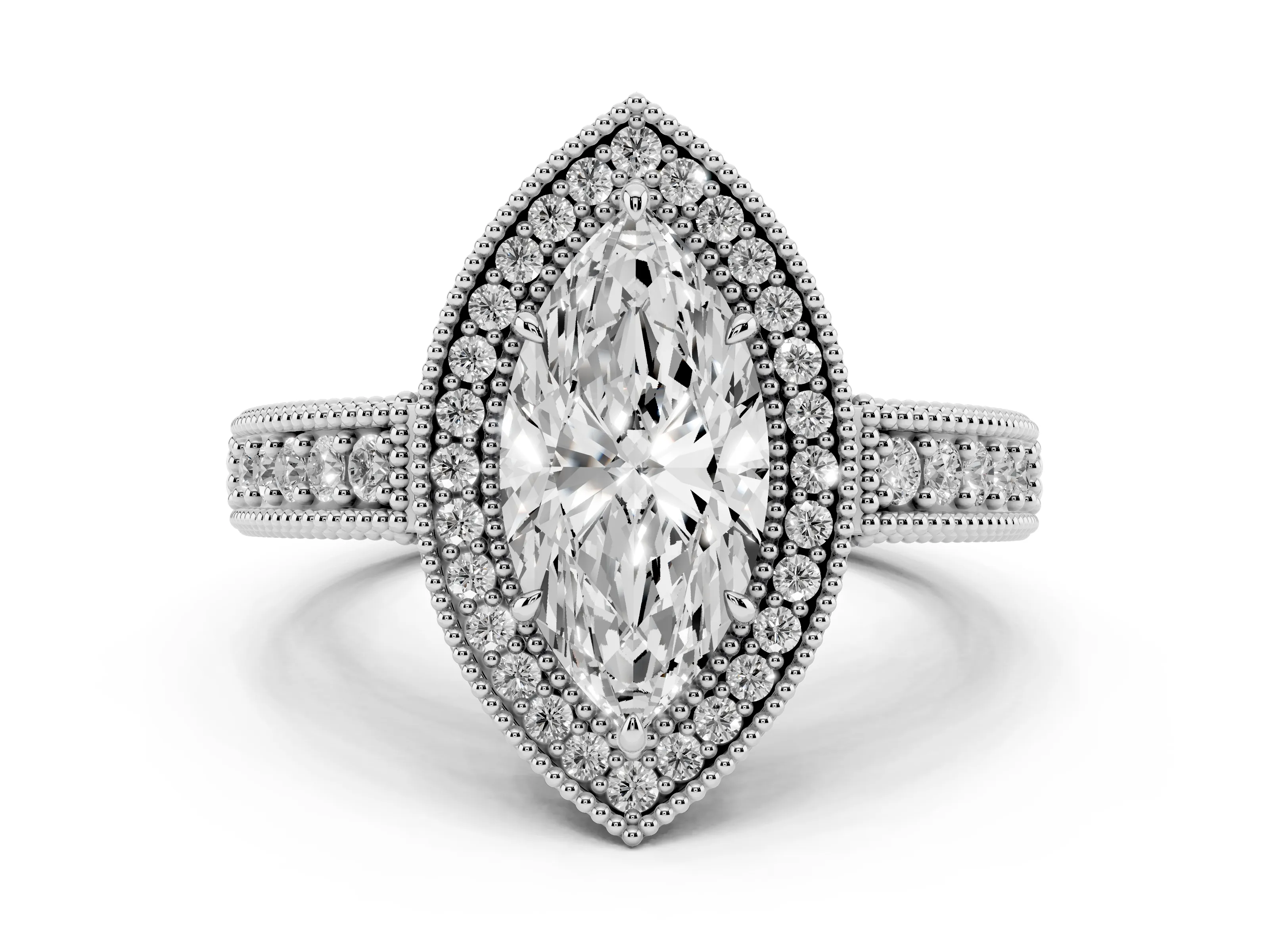 Marquise Cut Diamond Halo Ring Set in Platinum with Round Accent Halo, Pavé Band and Prong Setting