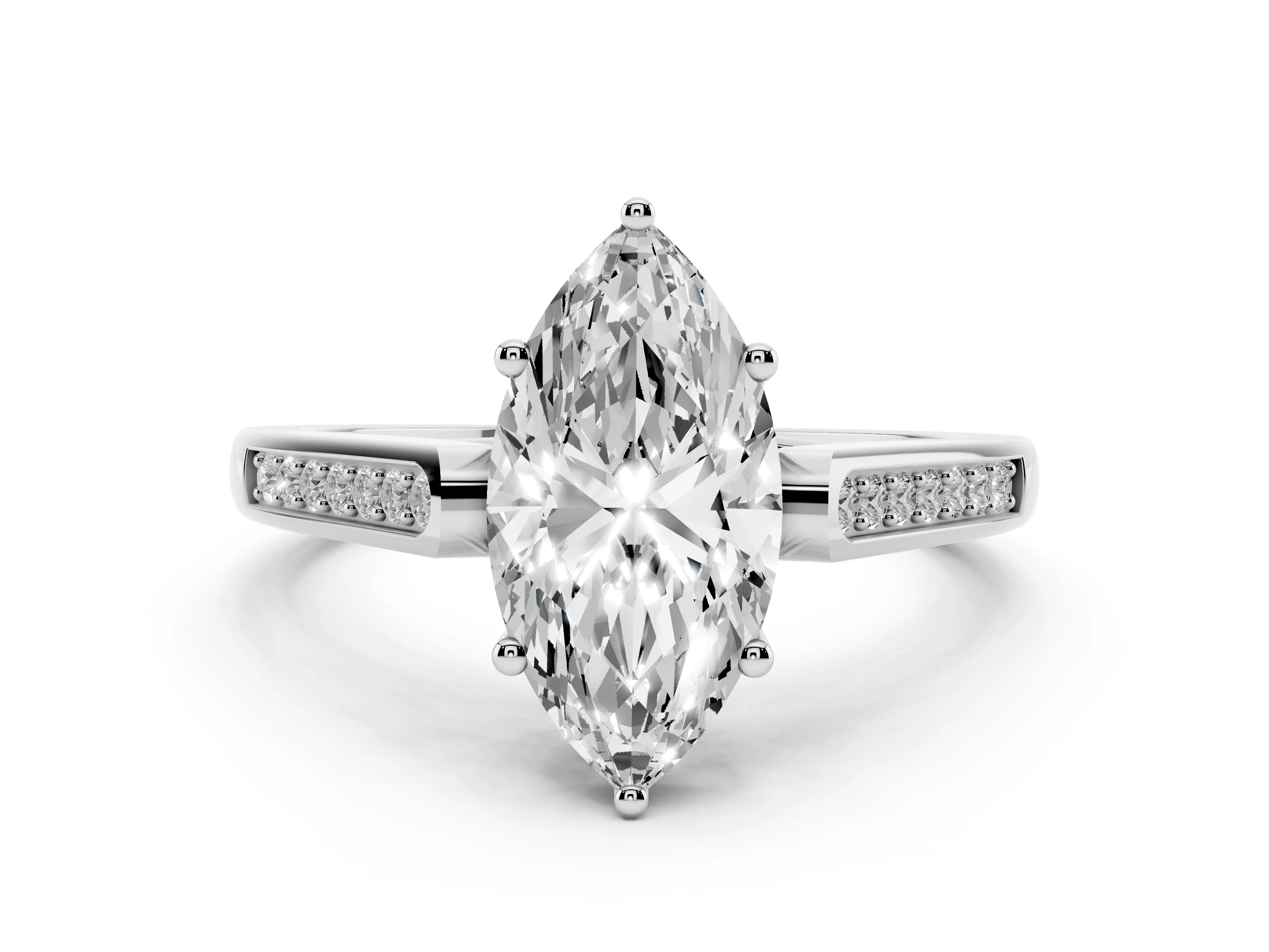 Marquise Cut Diamond Solitaire Cathedral Engagement Ring Set in White gold with Channel-Set Band and Prong Setting