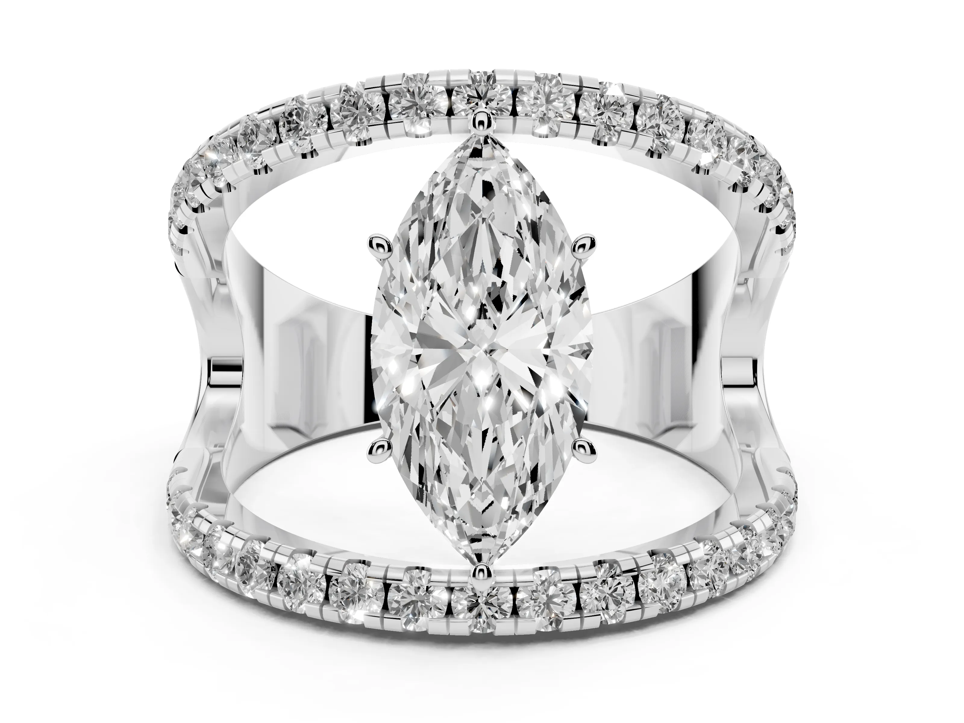 Marquise Cut Diamond Split Shank Pavé Solitaire Ring Set in White gold with Open Shank Design
