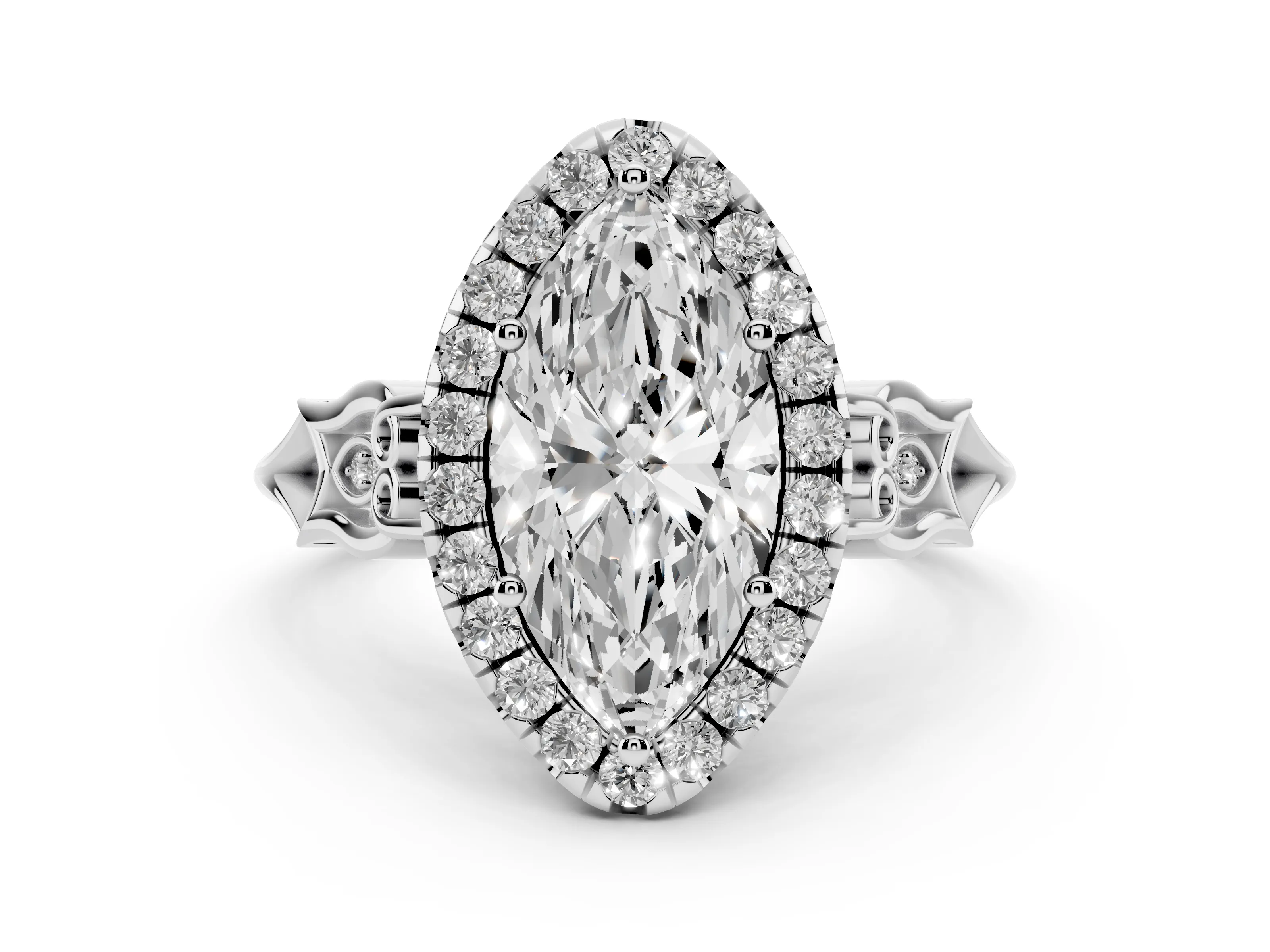 Marquise Cut Diamond Halo Engagement Ring Set in White gold with Filigree Band and Prong-Set Center