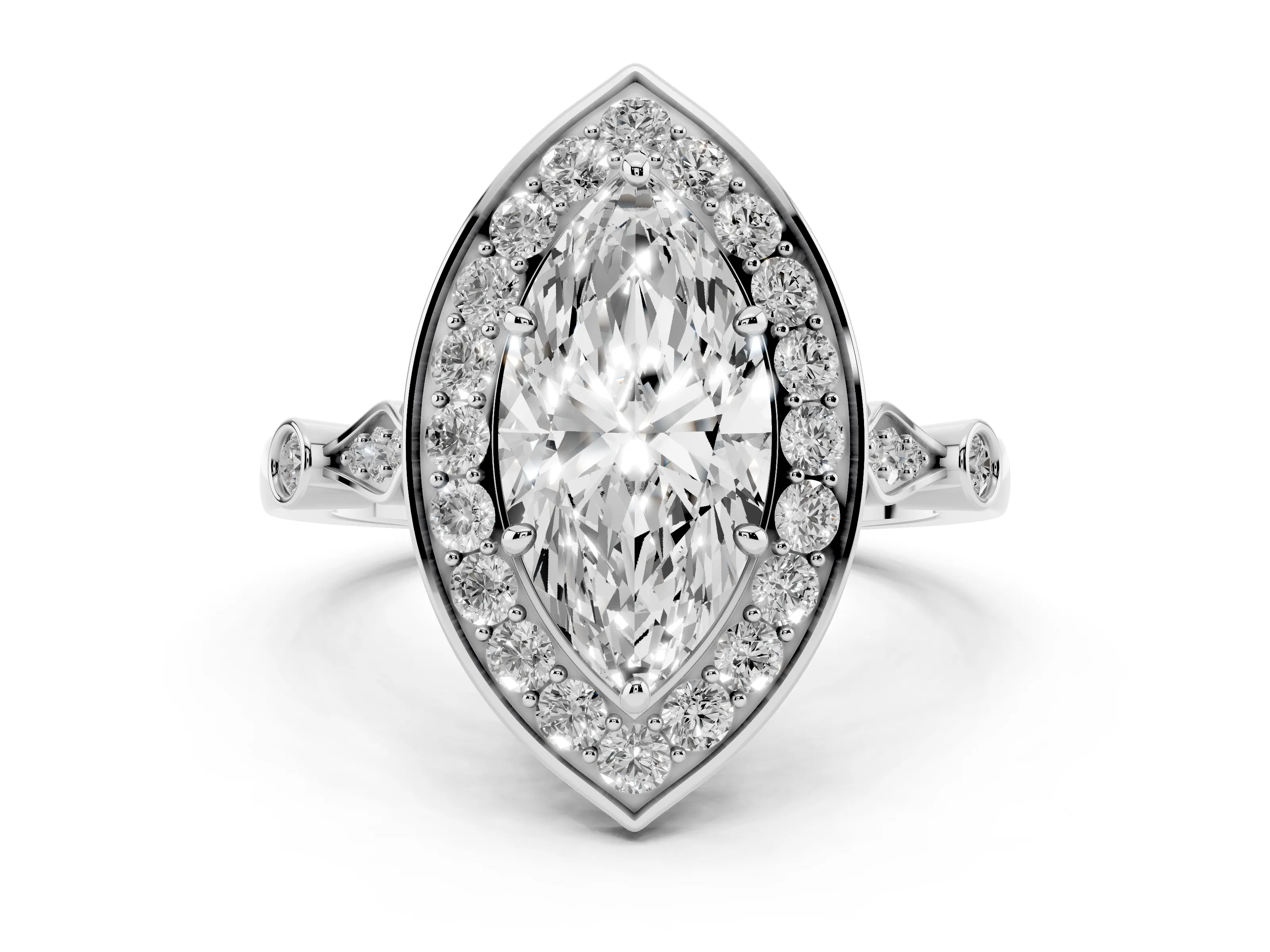 Marquise Cut Diamond Halo Engagement Ring Set in White gold with Twisted Band and Prong Setting