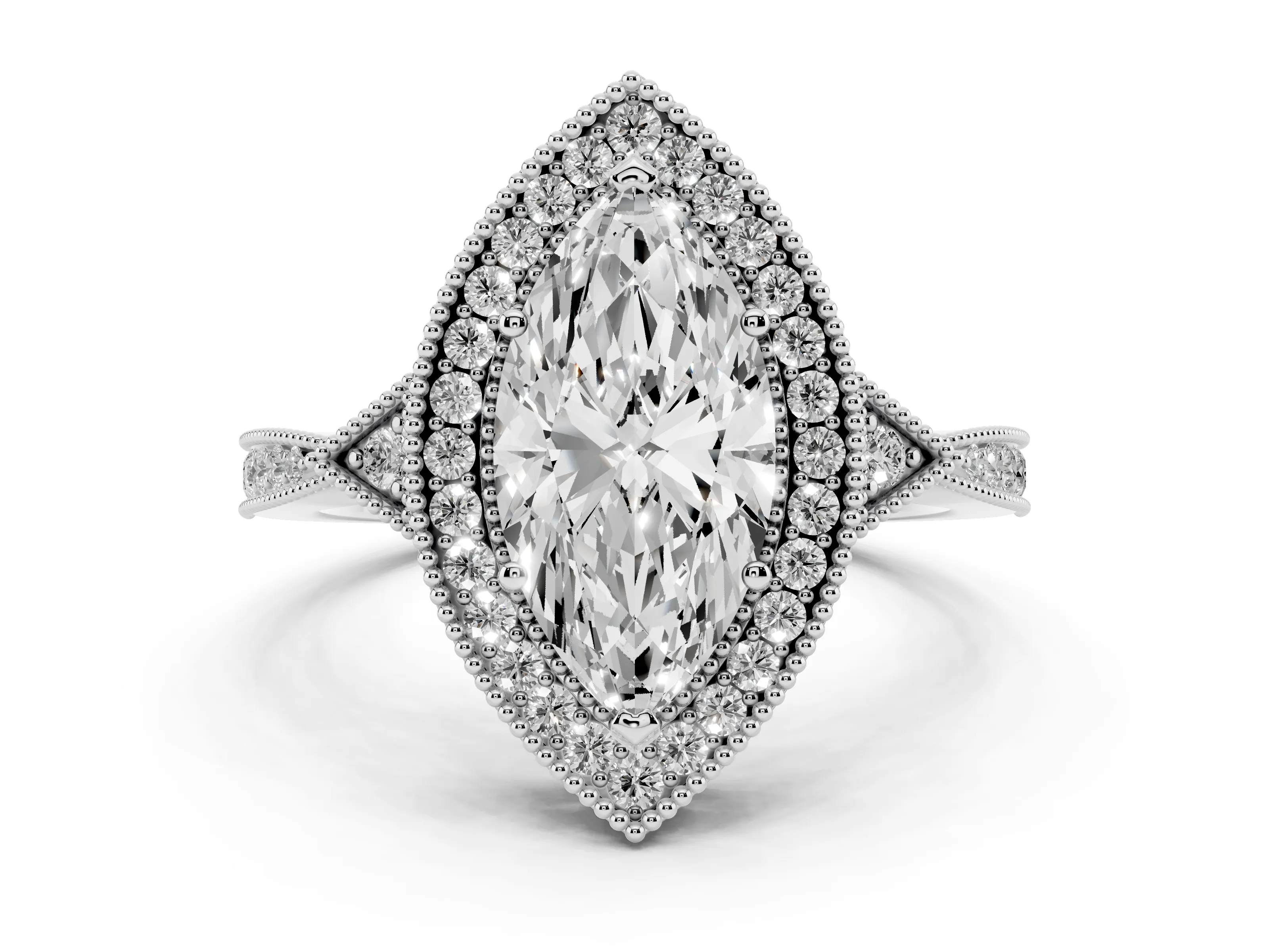 Marquise Cut Diamond Halo Engagement Ring Set in Platinum with Milgrain Pavé Band