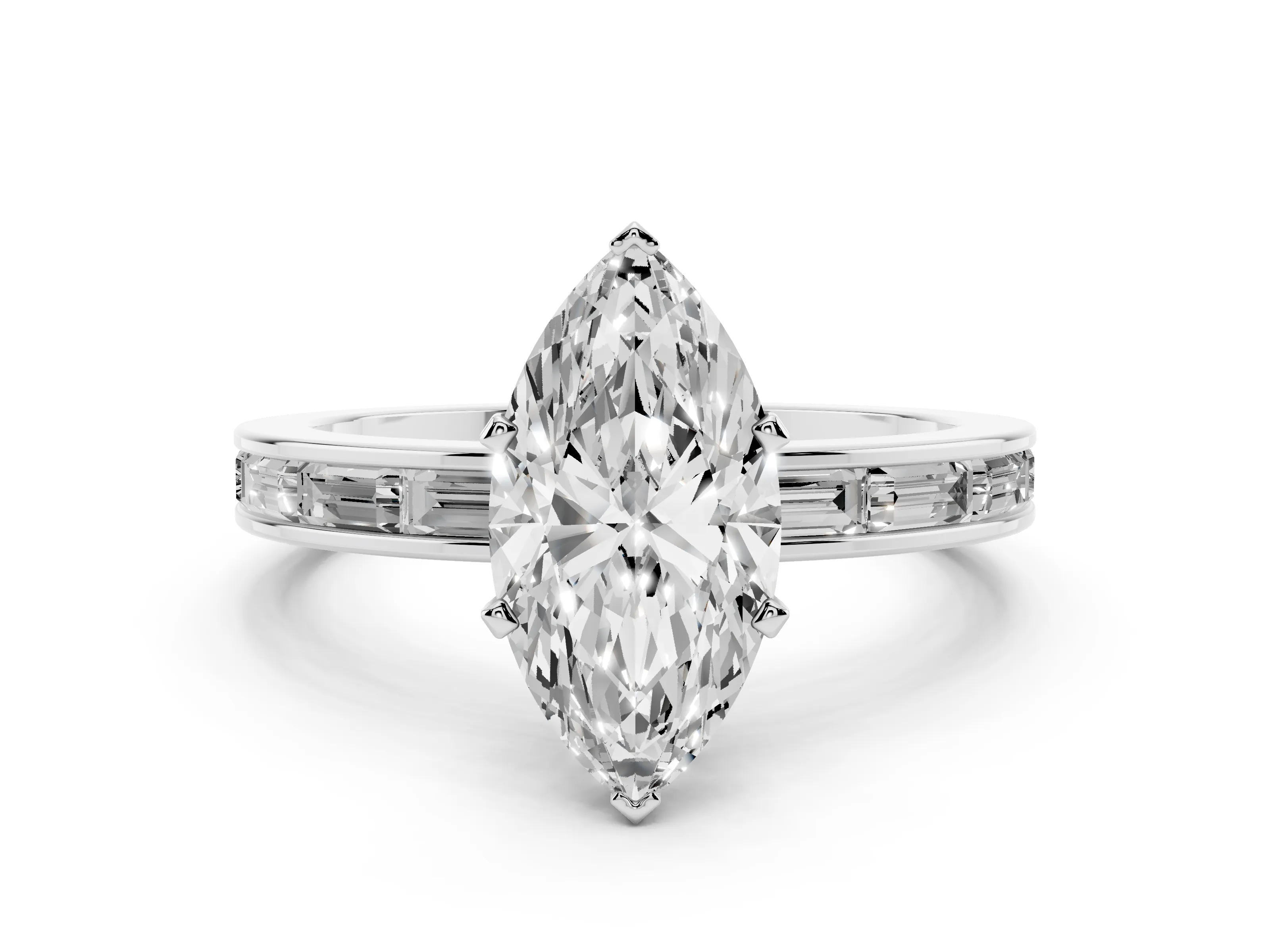 Marquise Cut Diamond Solitaire Ring Set in White gold with Channel-Set Baguette Band and Prong Setting