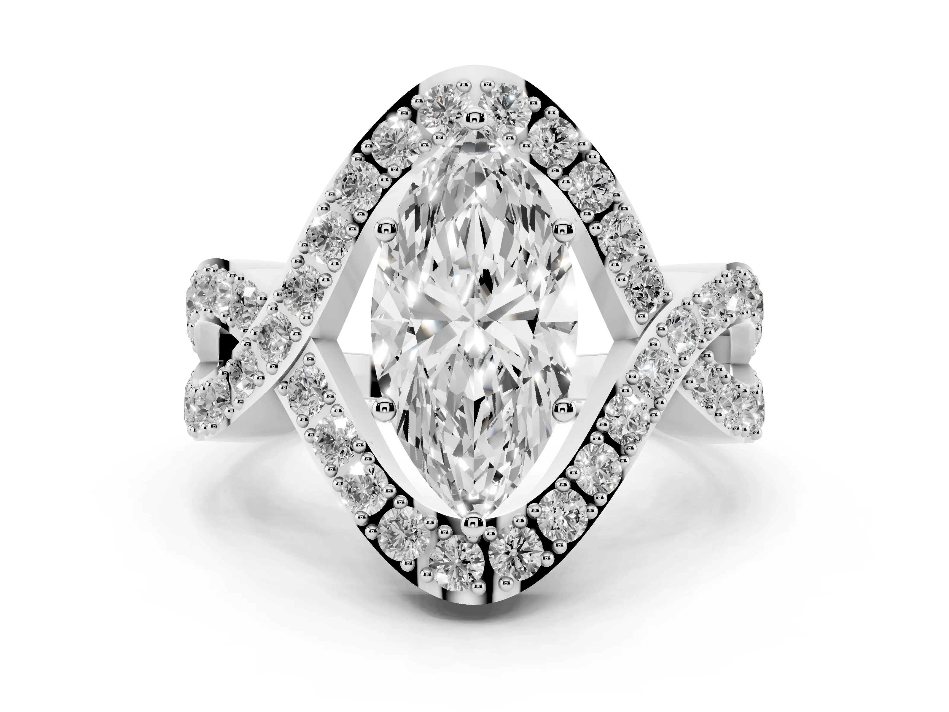 Marquise Cut Diamond Solitaire Twist Band Pavé Engagement Ring Set in Platinum