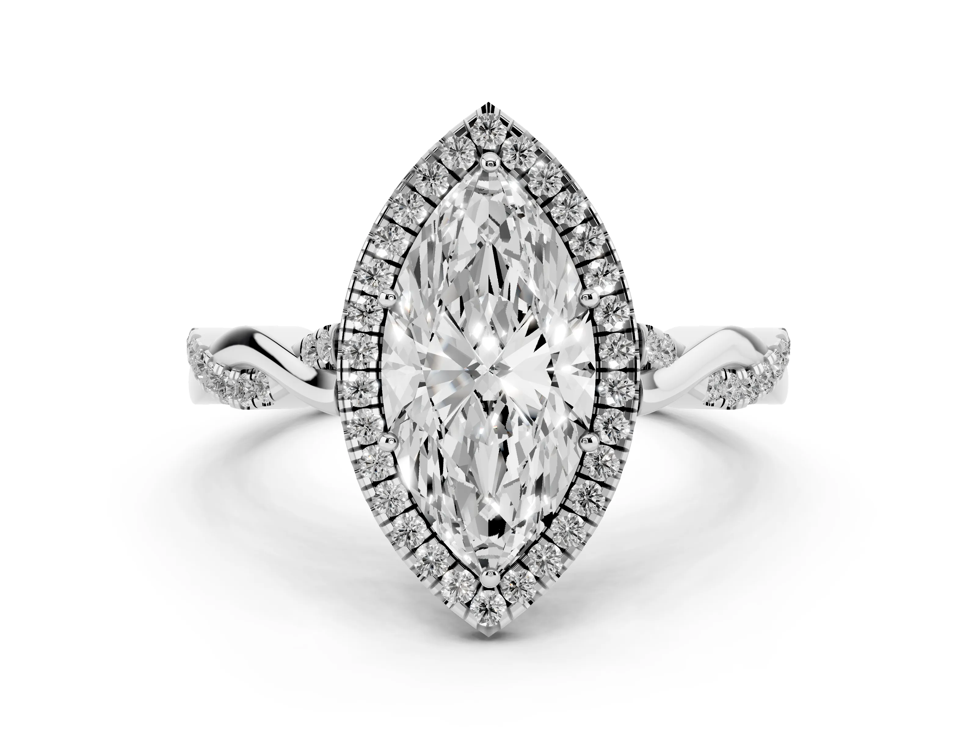 Marquise Cut Diamond Halo Twist Band Solitaire Ring Set in Platinum with Prong Setting