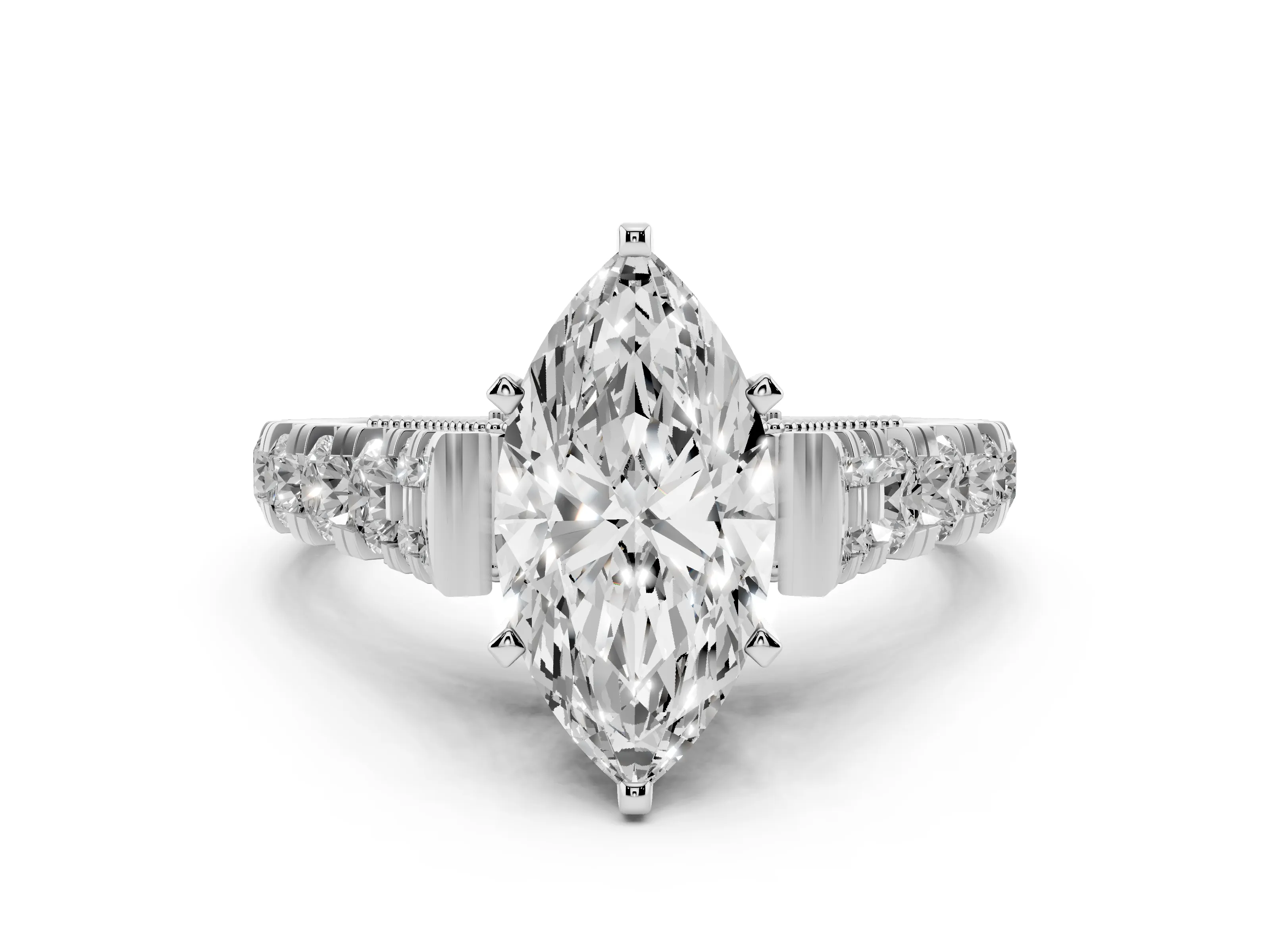 Marquise Cut Diamond Classic Solitaire Ring Set in White gold with Pavé Band and Prong Setting