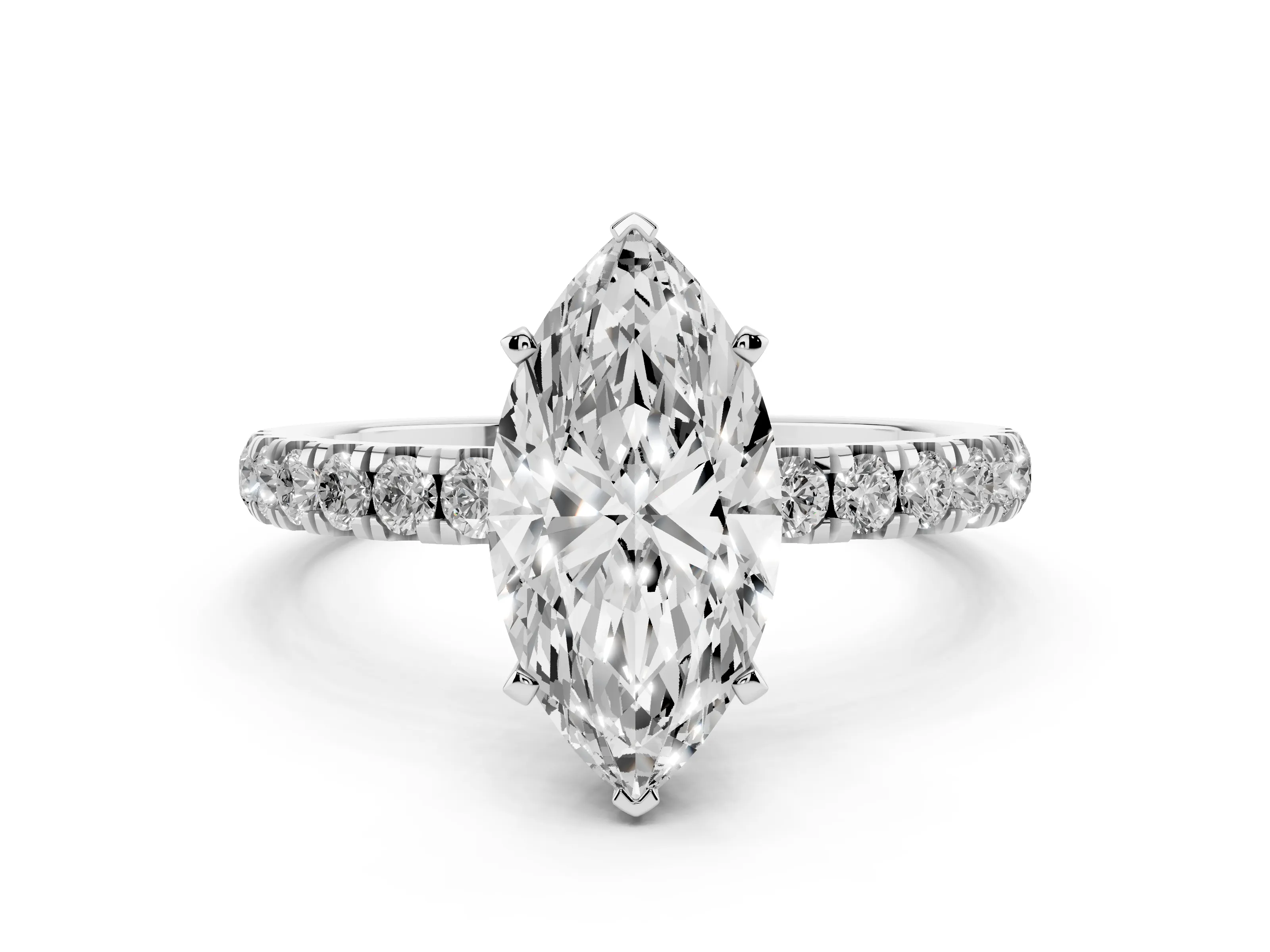 Marquise Cut Diamond Solitaire Ring Set in Silver with Pavé Accents and Prong Setting