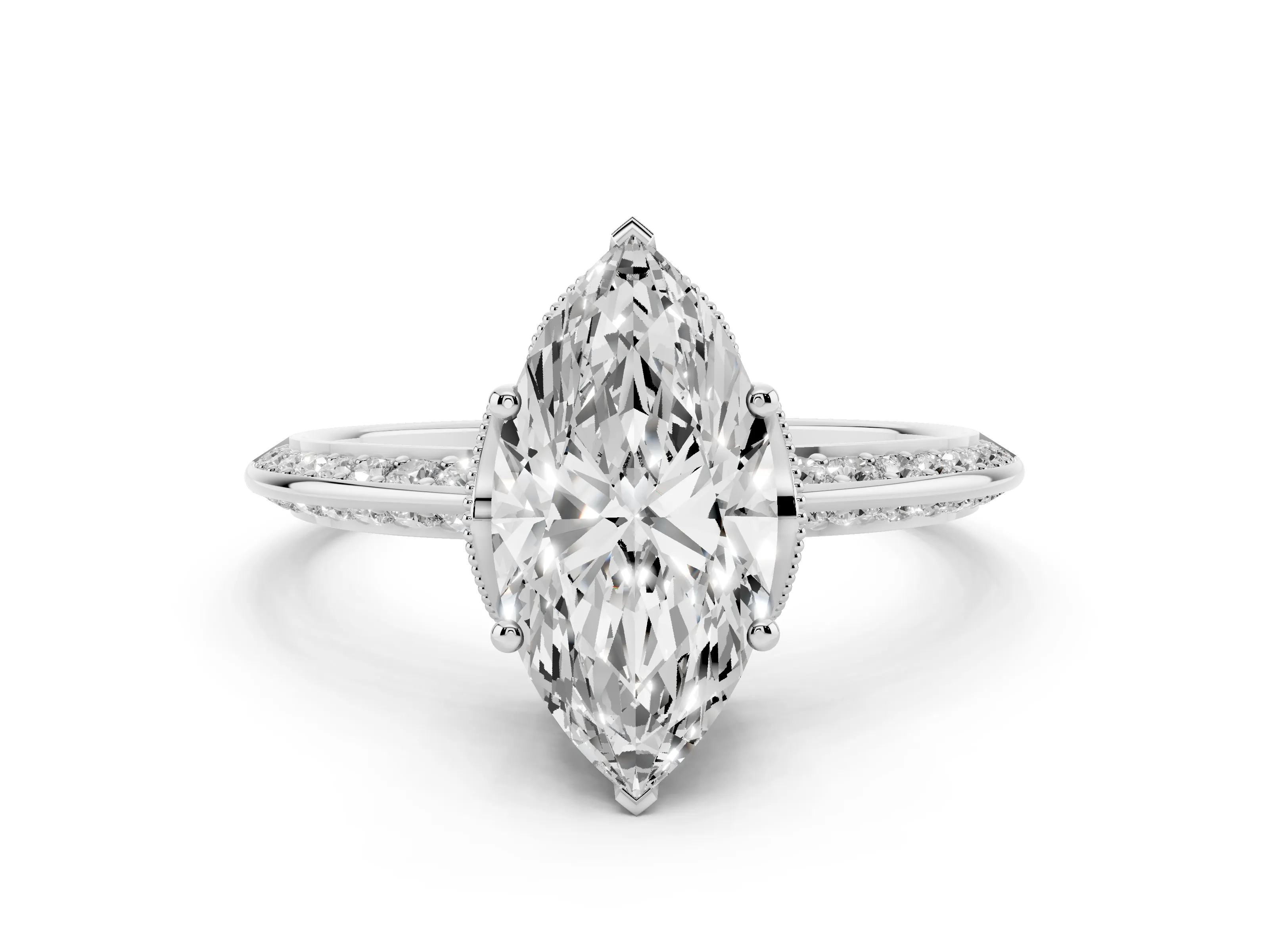 Marquise Cut Diamond Solitaire Engagement Ring Set in Silver with Pavé Split Shank and Prong Setting