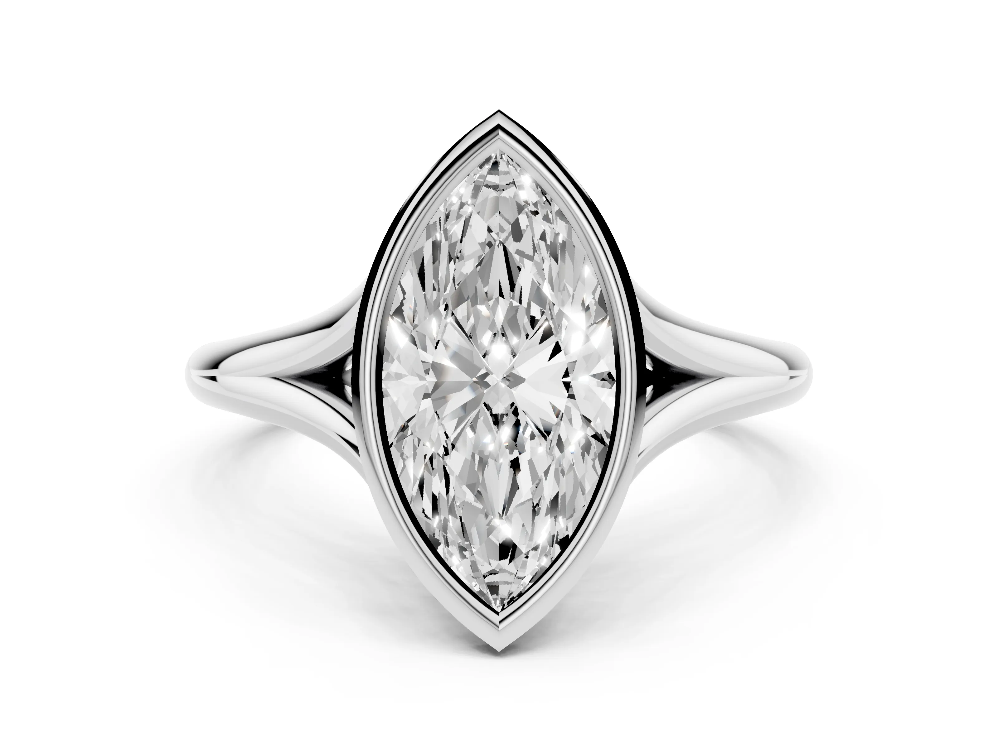 Bezel Set Marquise Cut Diamond Solitaire Ring Set in White gold with Tapered Band