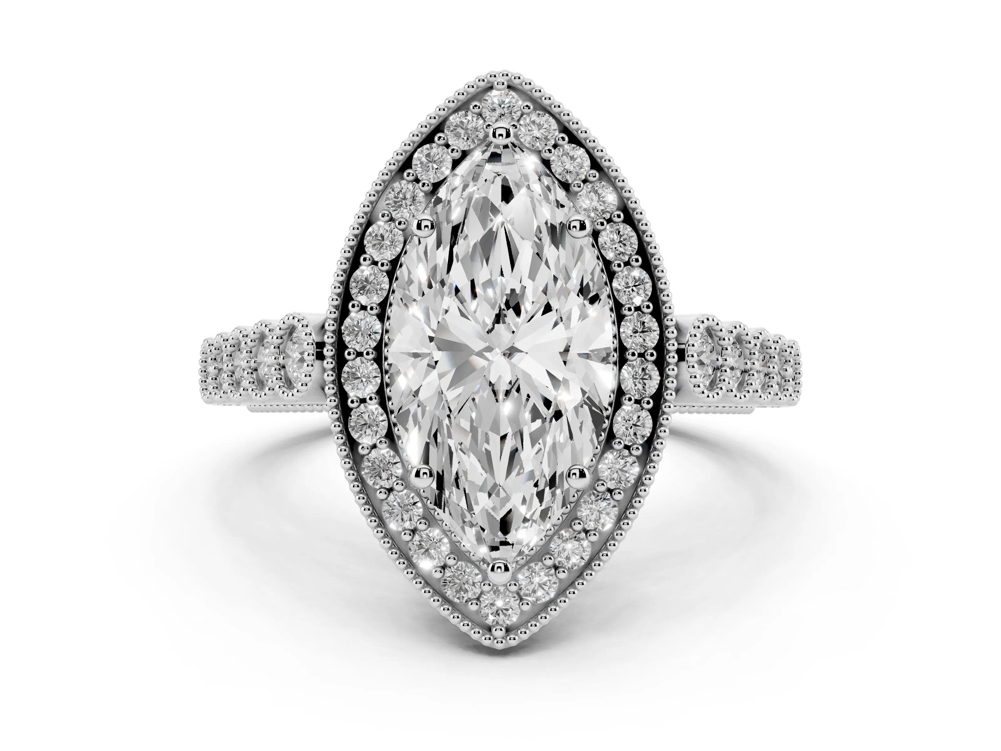 Marquise Cut Diamond Milgrain Halo Solitaire Ring Set in White gold with Bezel Set Side Stones and Pavé Band