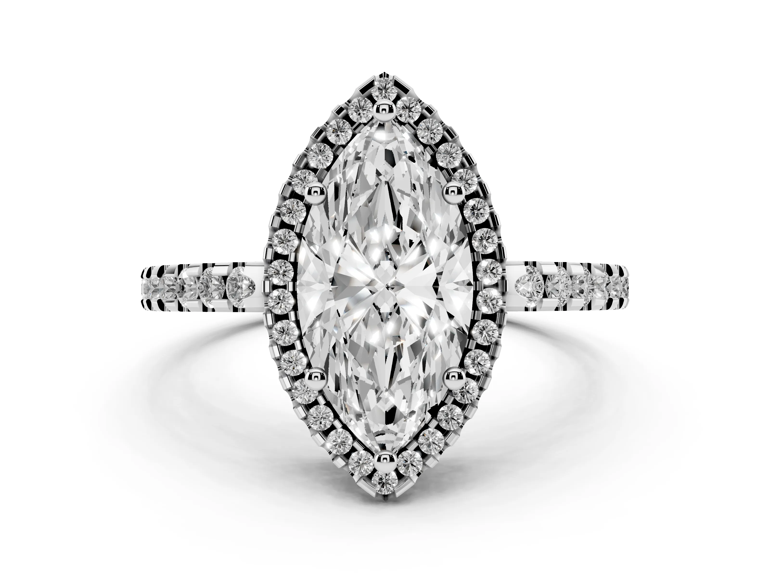 Marquise Cut Diamond Halo Ring Set in White gold with Pavé Shoulders and Halo-Framed Center