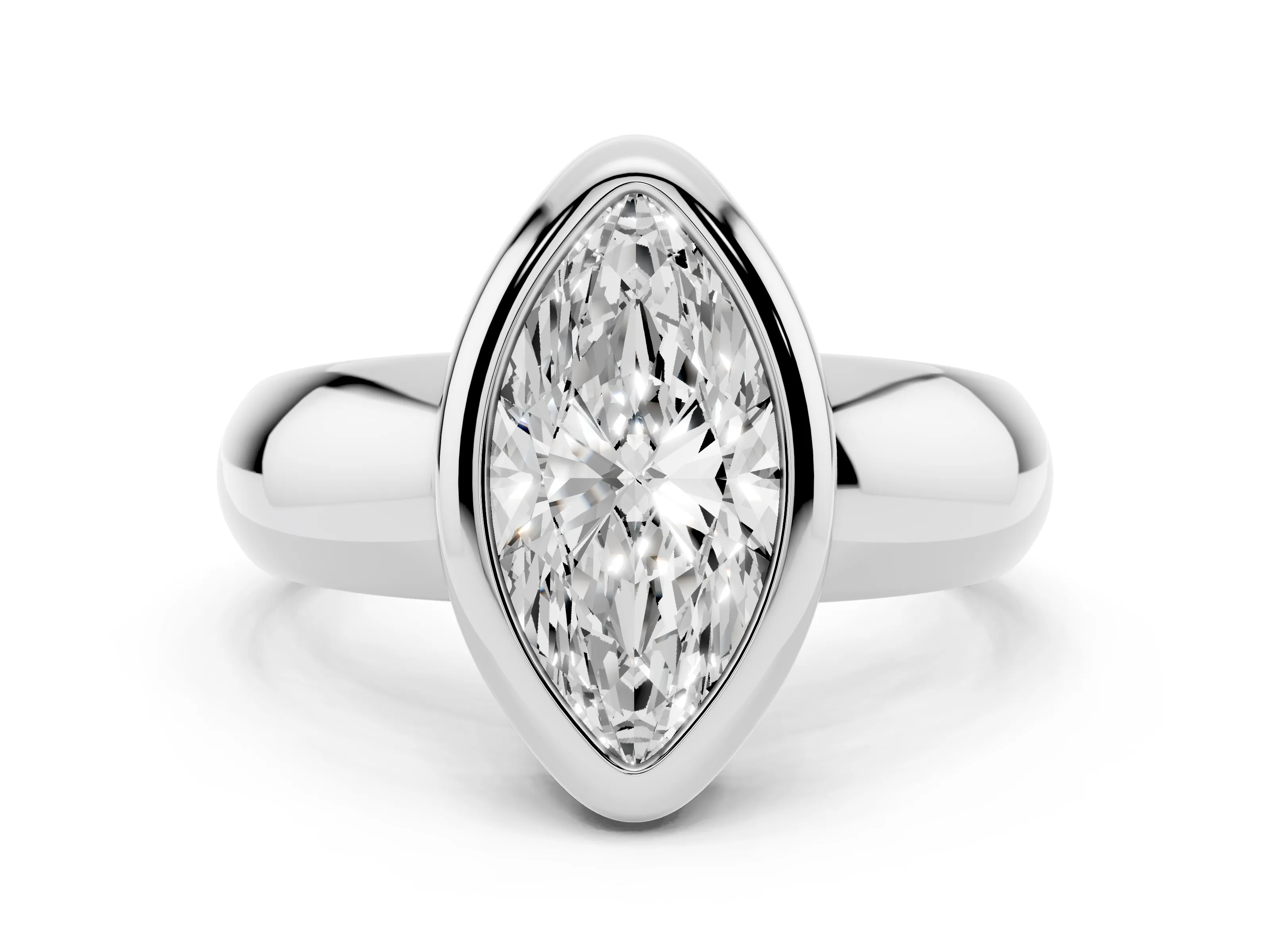 Bezel Set Marquise Cut Diamond Solitaire Ring Set in White gold with Wide Band