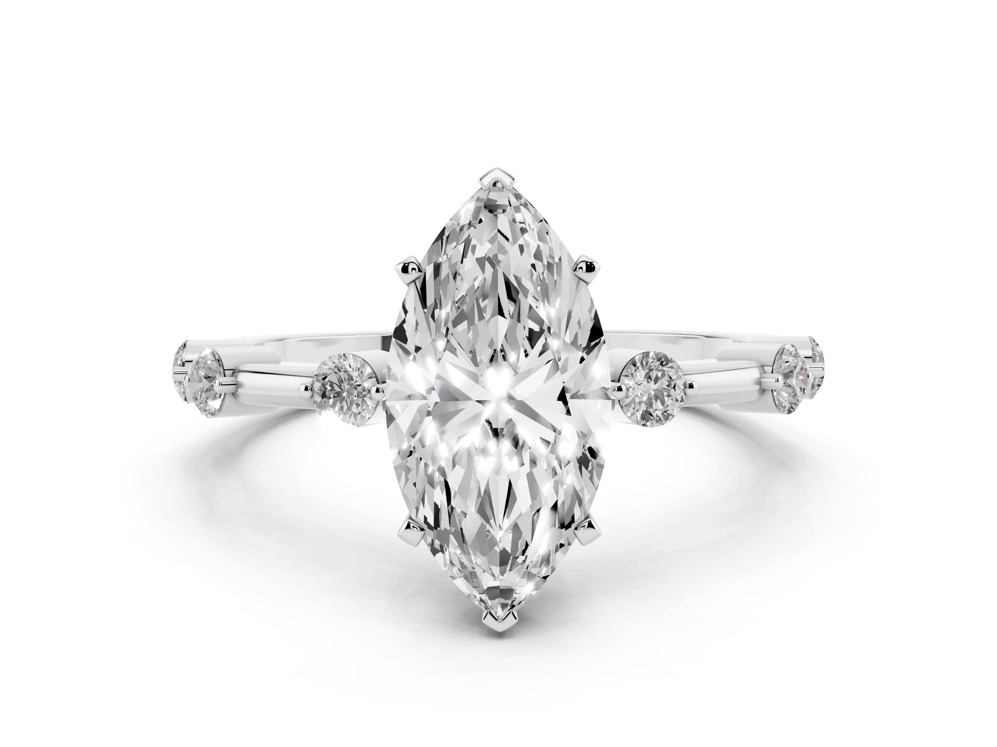 Marquise Cut Diamond Solitaire Ring Set in White gold with Bezel Set Side Stones and Prong Setting