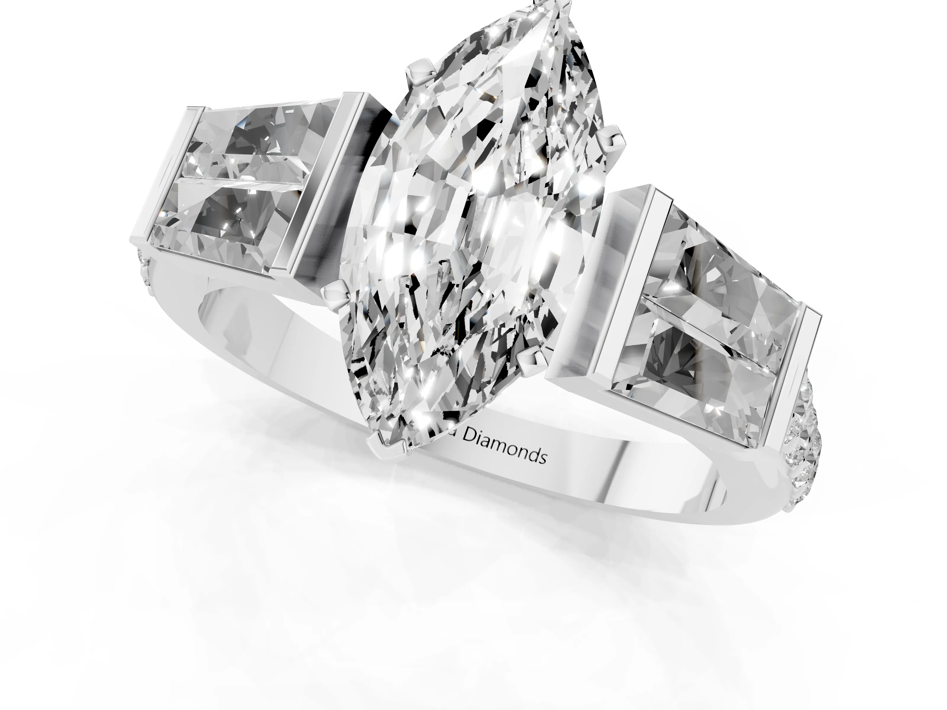 Marquise Cut Diamond Engagement Ring Set in White gold with Baguette Side Stones and Channel Set Band