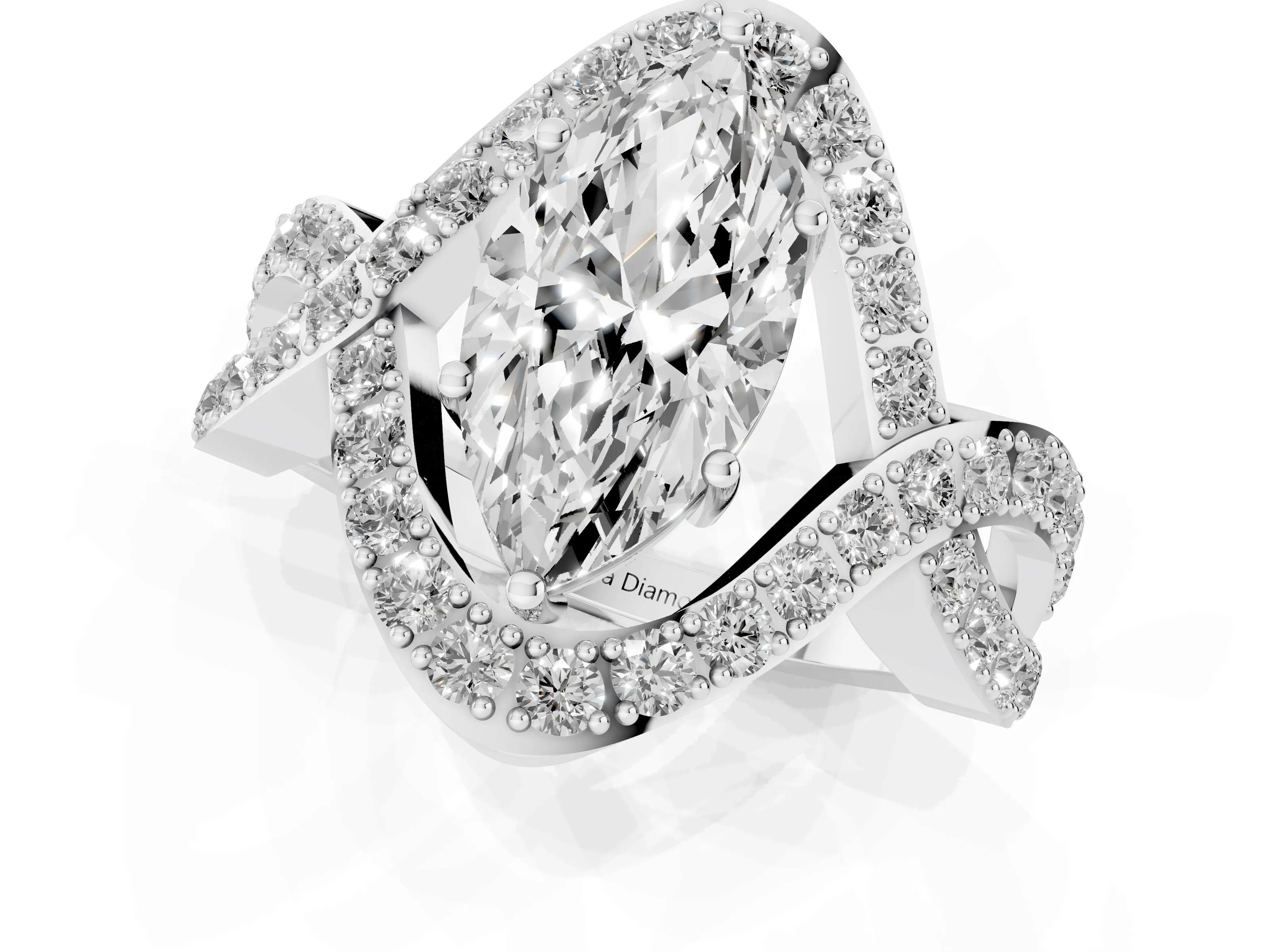 Marquise Cut Diamond Solitaire Twist Band Pavé Engagement Ring Set in Platinum
