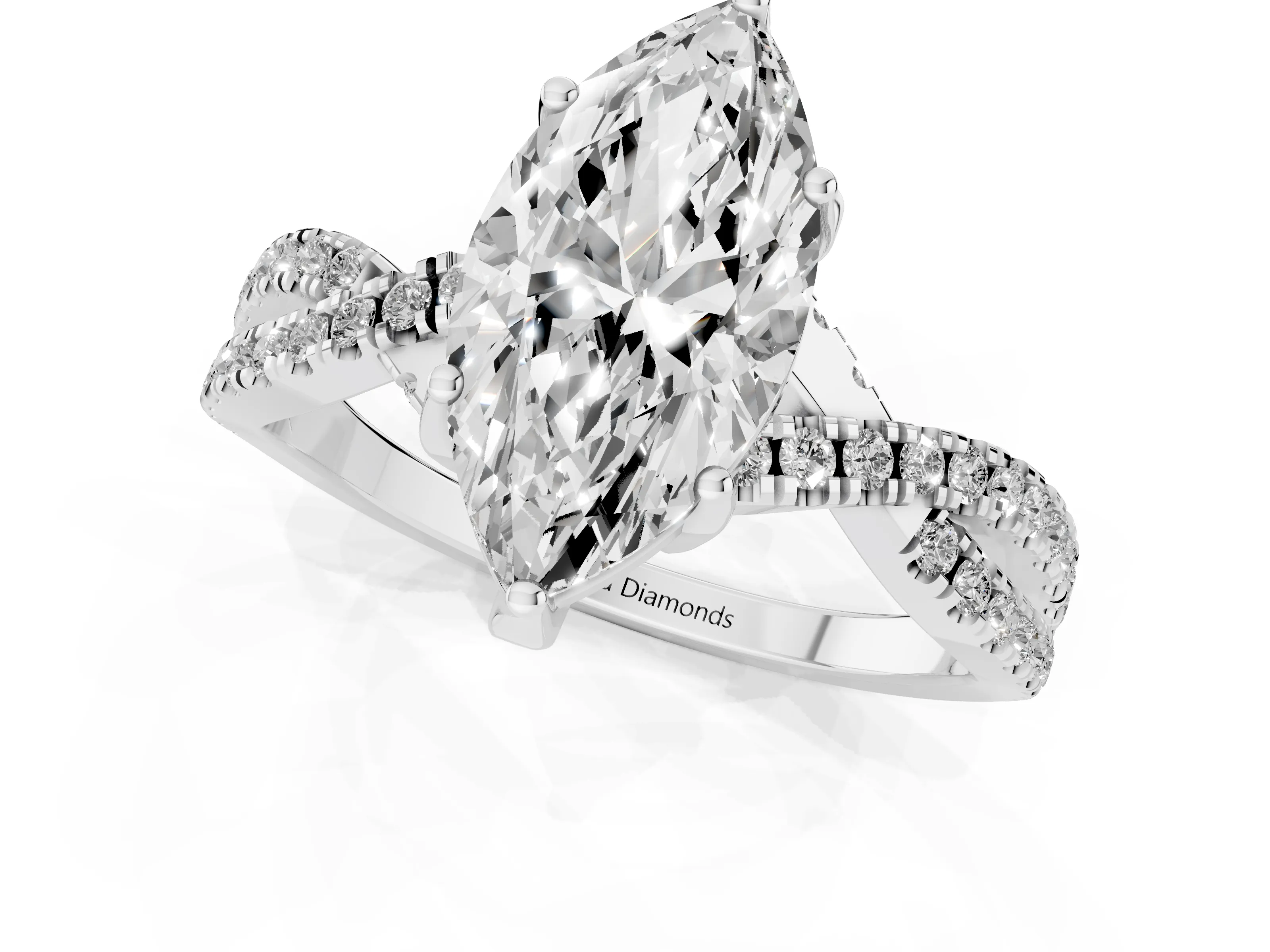 Marquise Cut Diamond Twist Pavé Solitaire Engagement Ring Set in White gold with Prong Setting