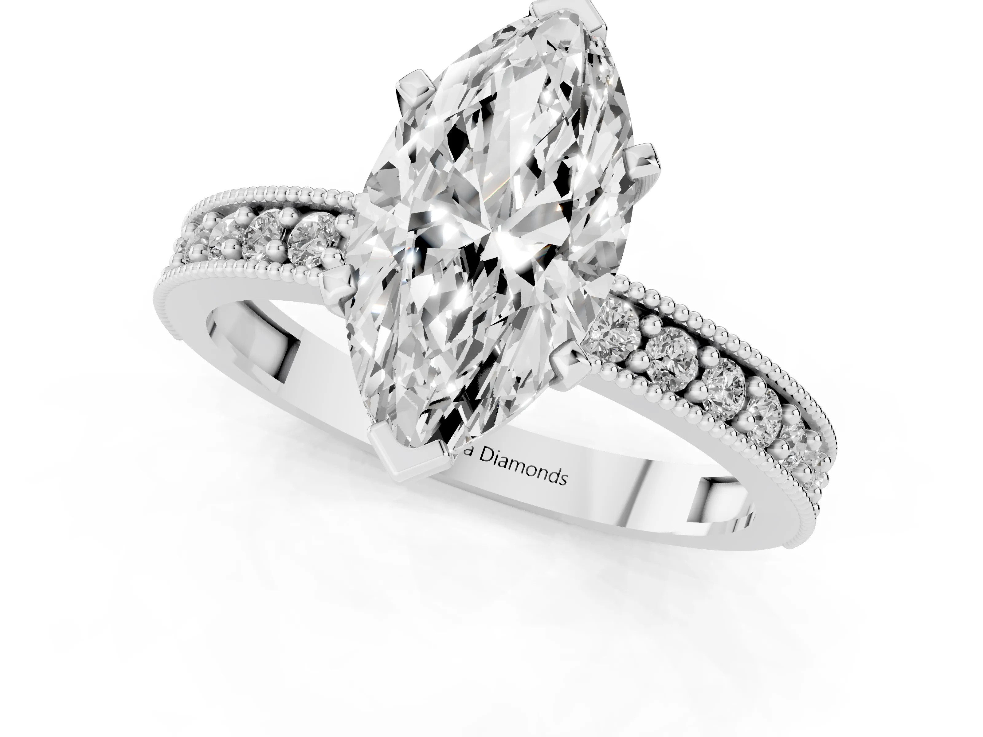 Marquise Cut Diamond Milgrain Pavé Engagement Ring Set in Silver with Prong Setting