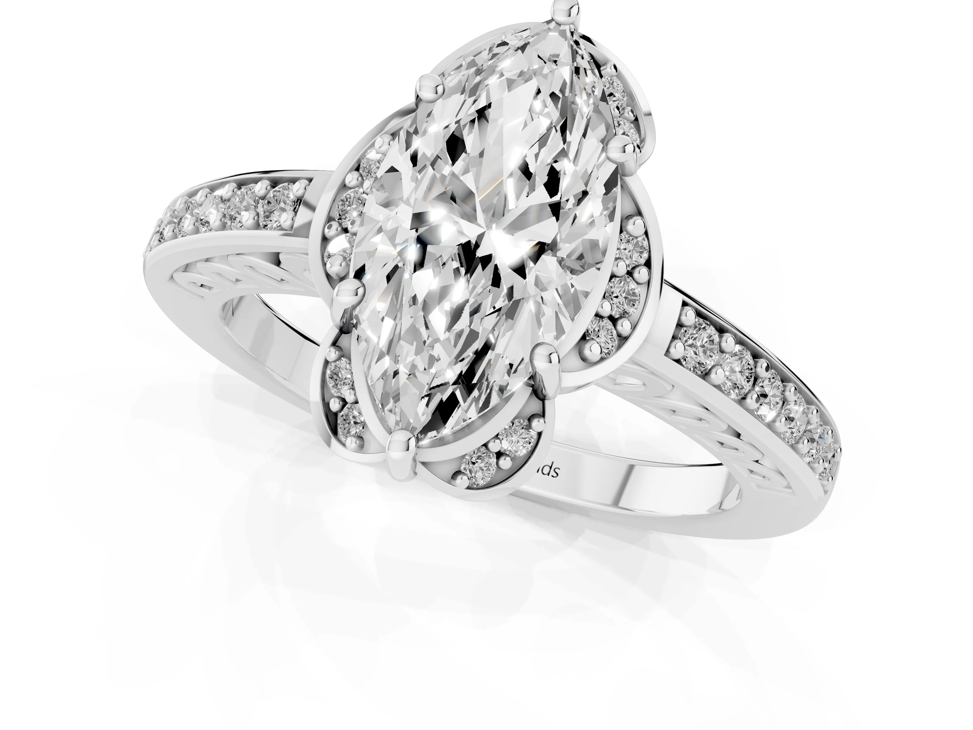 Marquise Cut Diamond Halo Ring Set in White gold with Channel Set Band and Prong Setting