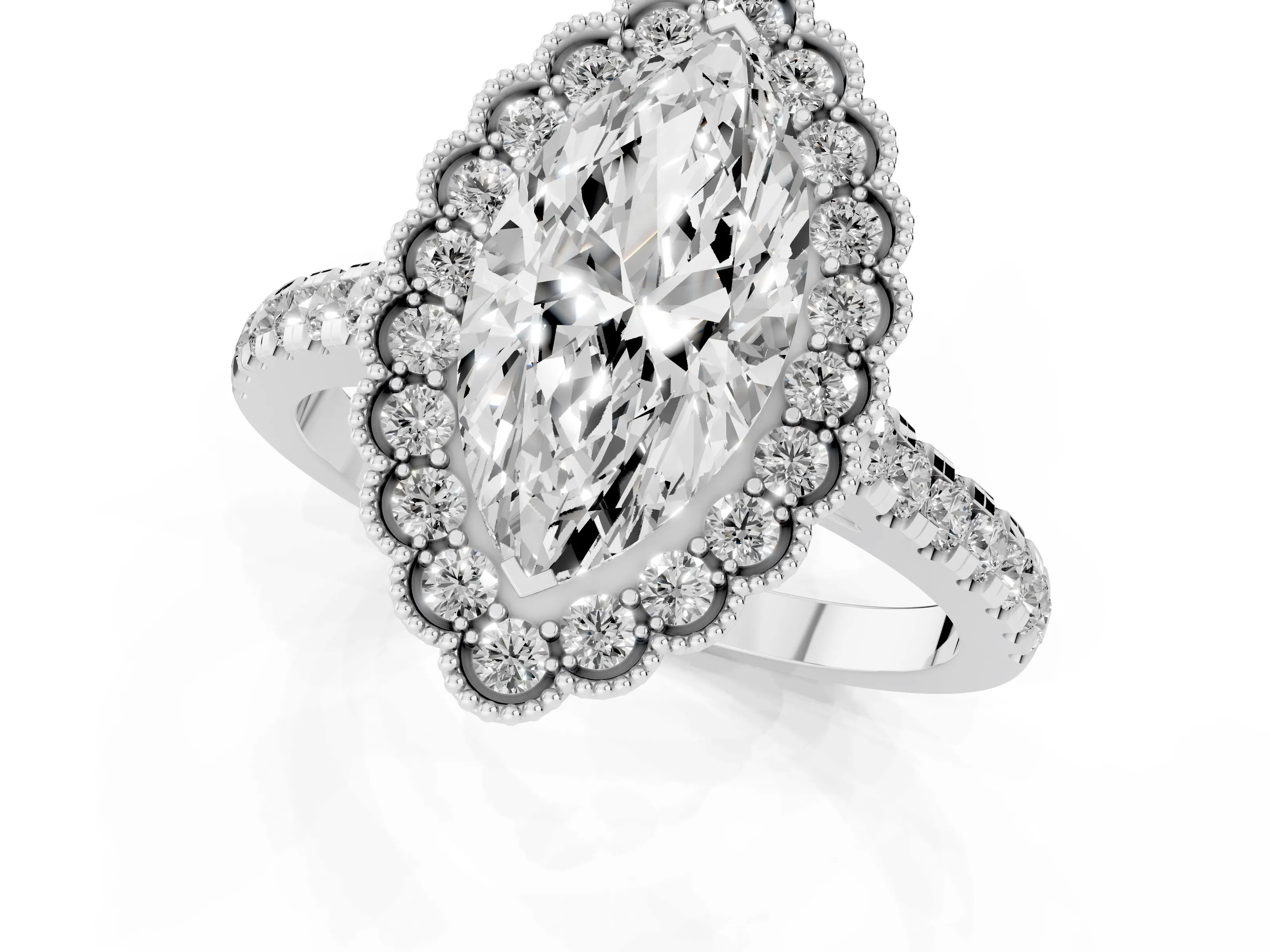 Marquise Cut Diamond Milgrain Floral Halo Engagement Ring Set in White gold with Pavé Band – second view
