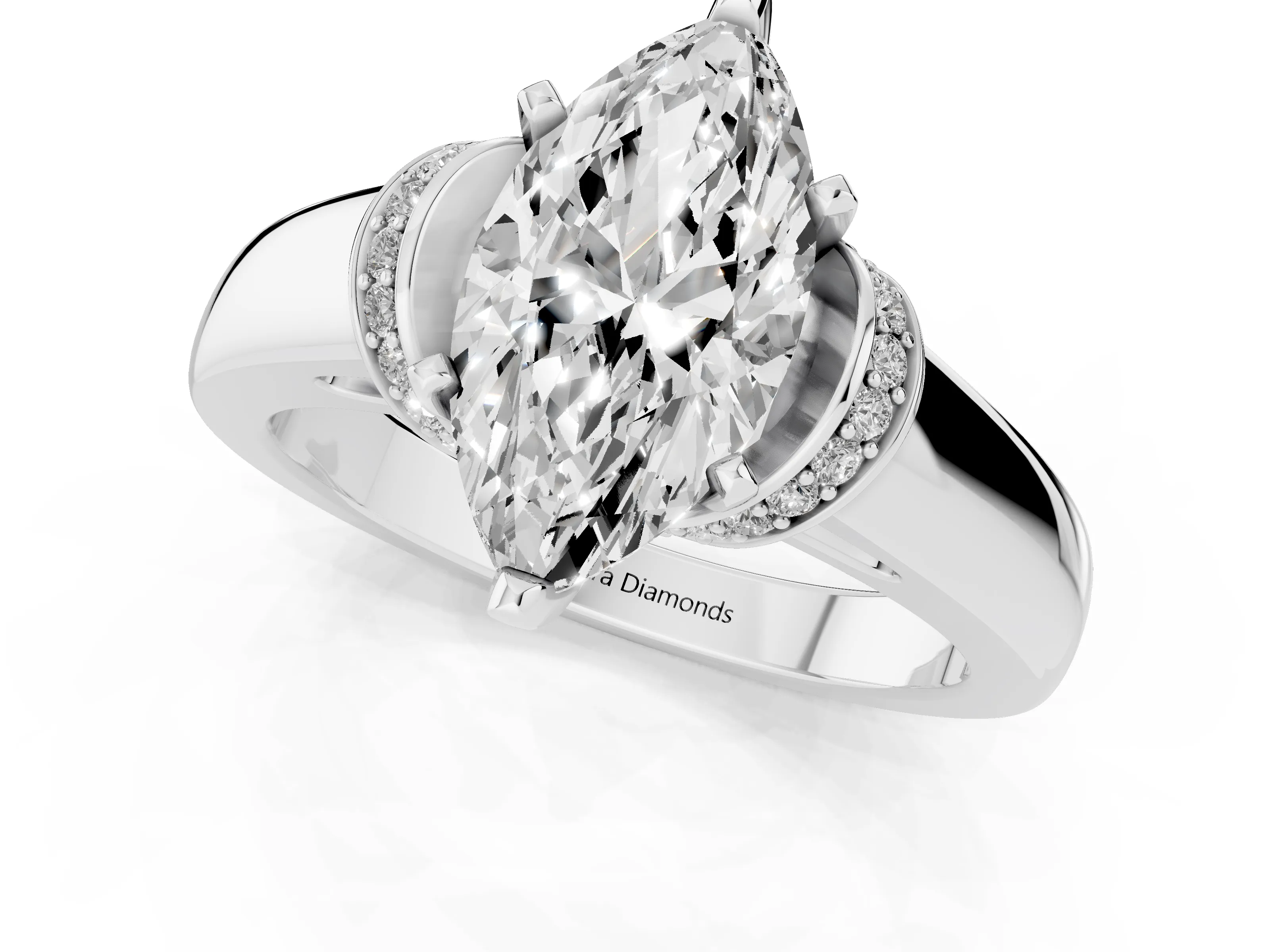 Marquise Cut Diamond Pavé Band Solitaire Ring Set in Silver with Prong Setting