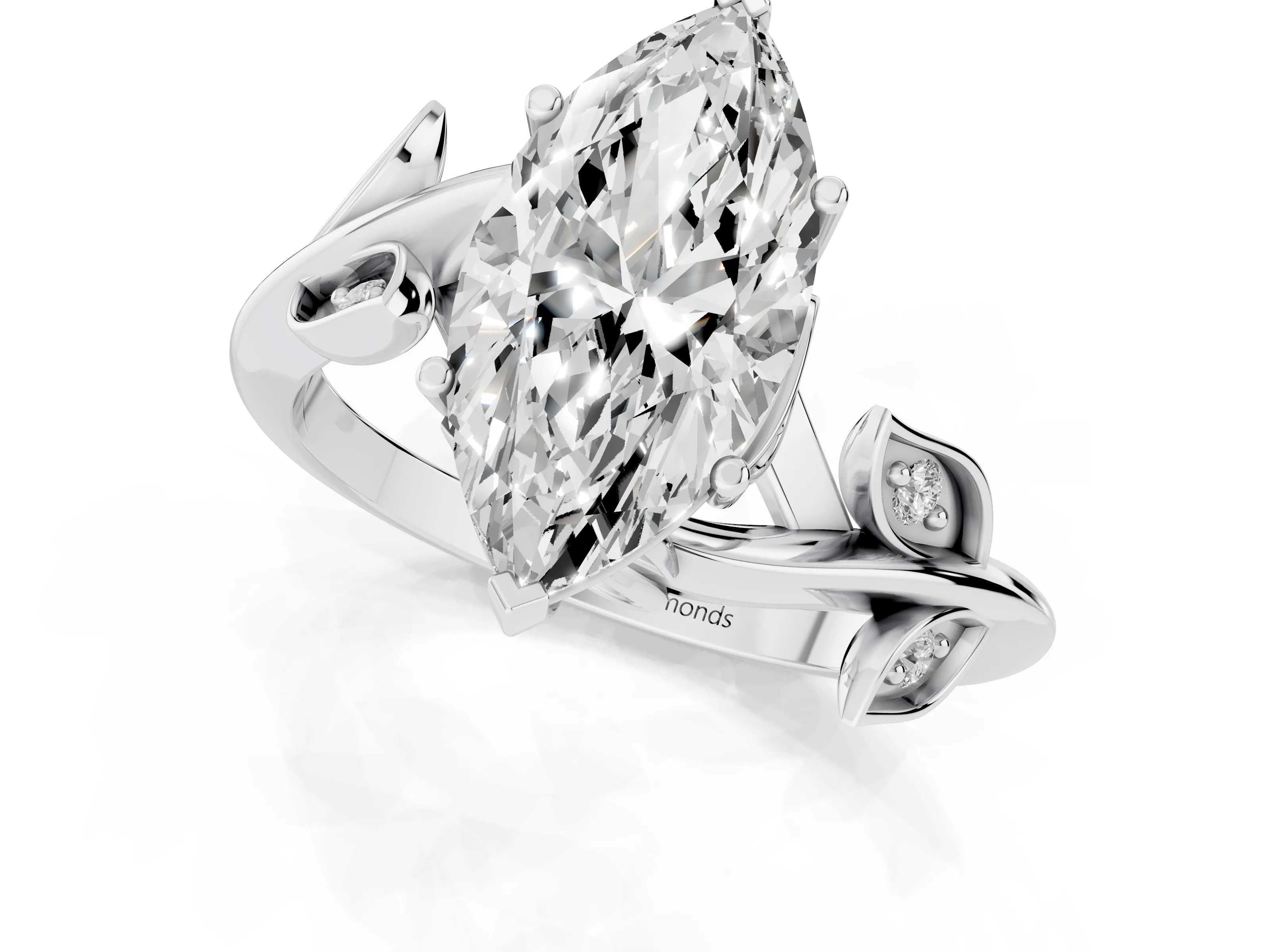 Marquise Cut Diamond Solitaire Twist Engagement Ring Set in Silver with Pavé Leaf Accents