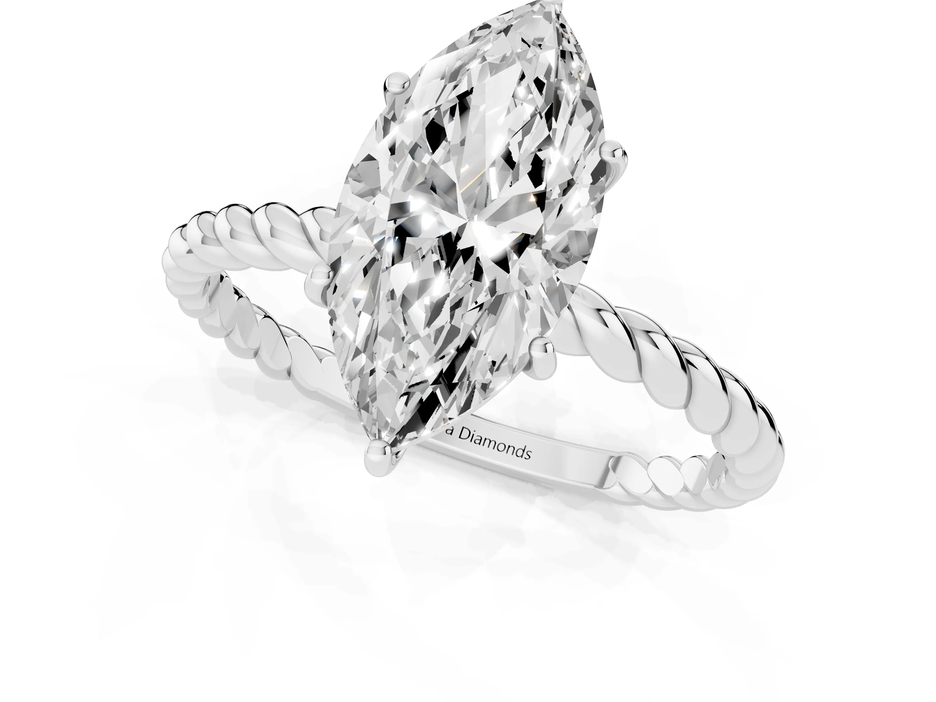 Marquise Cut Diamond Solitaire Ring Set in Silver with Twist Band and Prong Setting