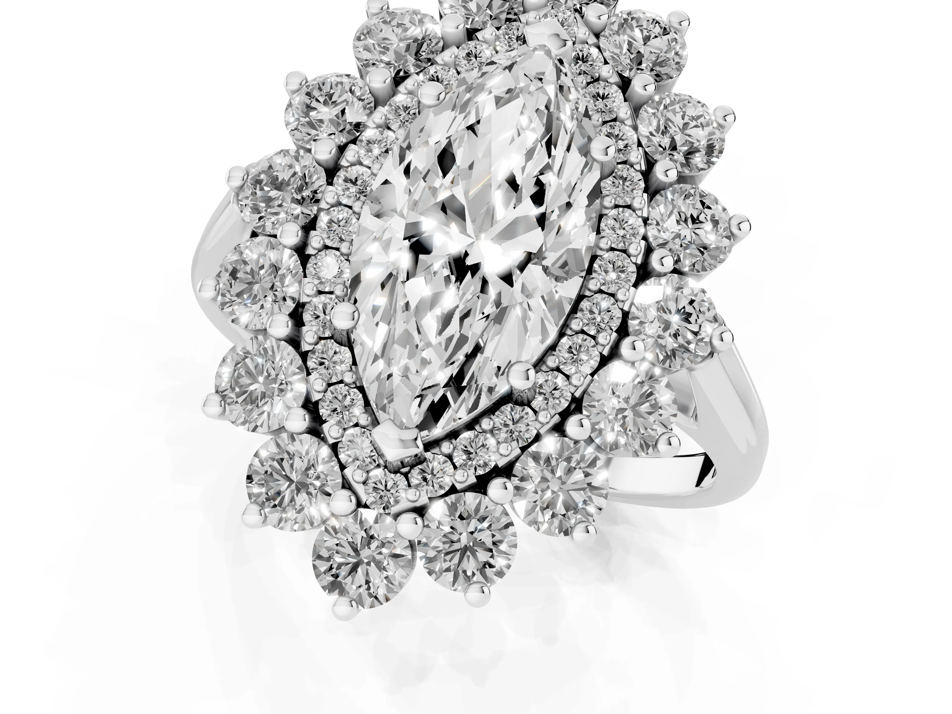 Marquise Cut Diamond Floral Double Halo Ring Set in Platinum with Round Petals