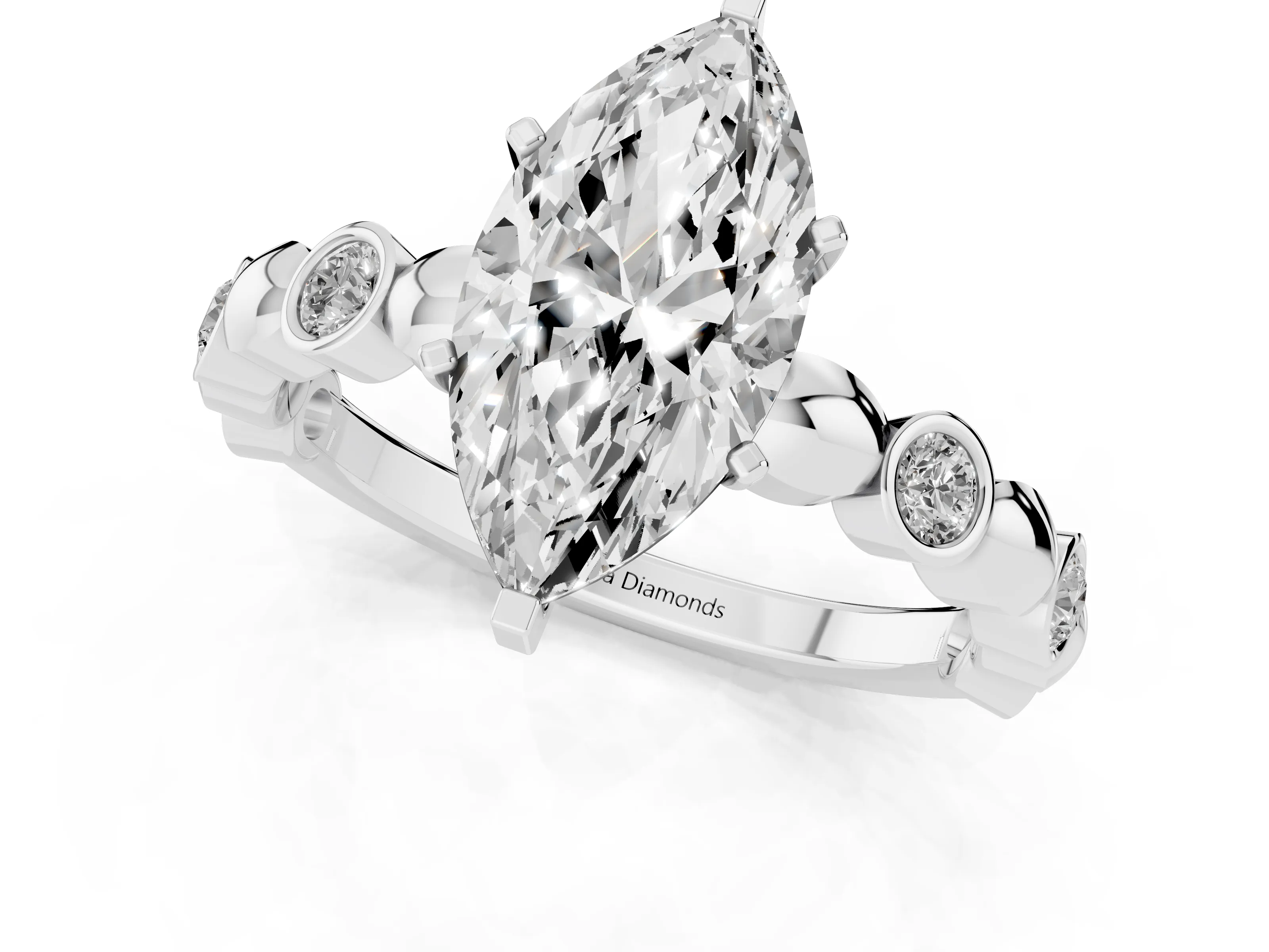 Marquise Cut Diamond Solitaire Ring Set in White gold with Bezel-Set Accents on Beaded Band and Prong Setting