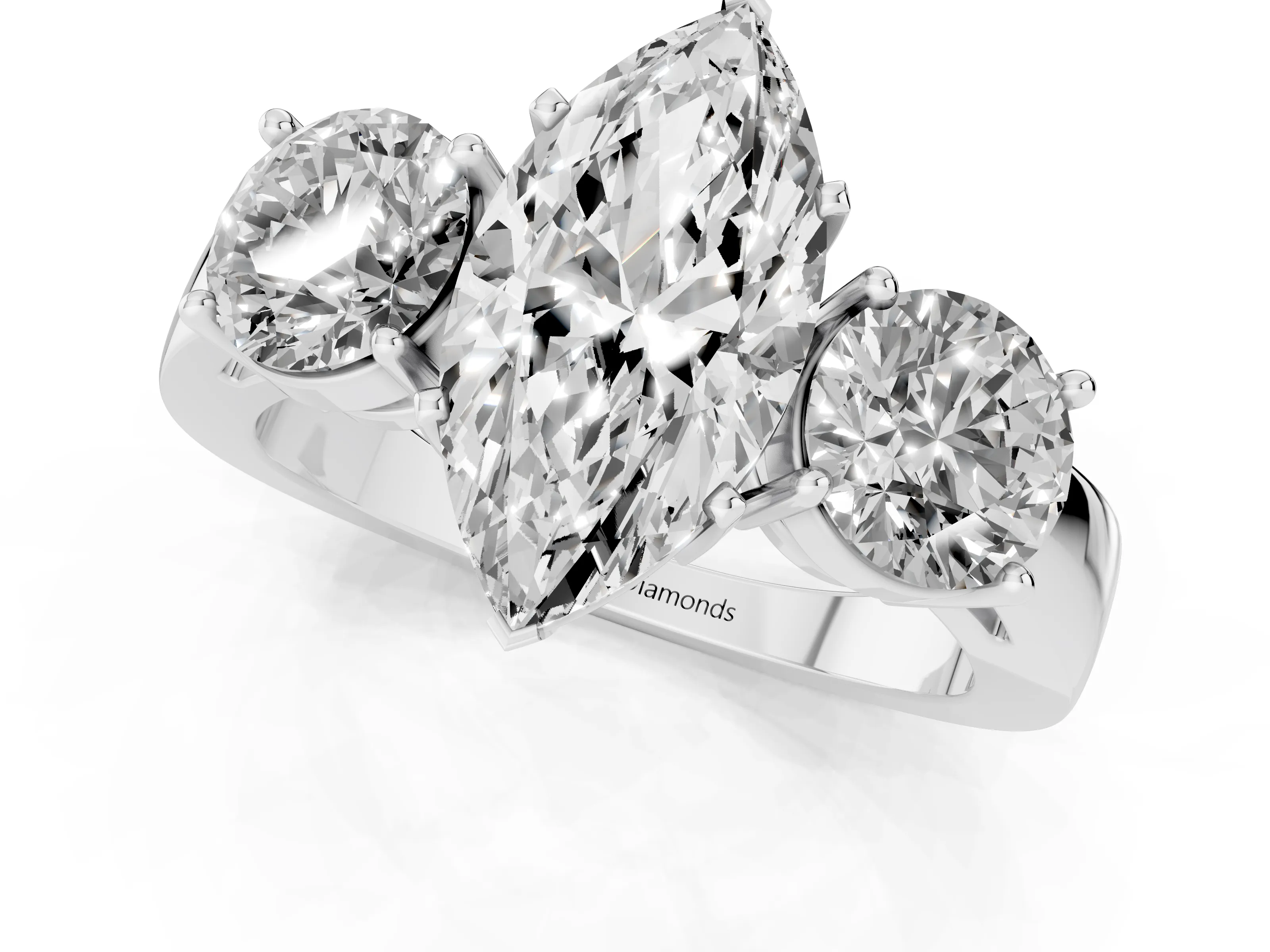 Marquise Cut Diamond Three-Stone Ring Set in Platinum with Round Side Stones and Classic Band