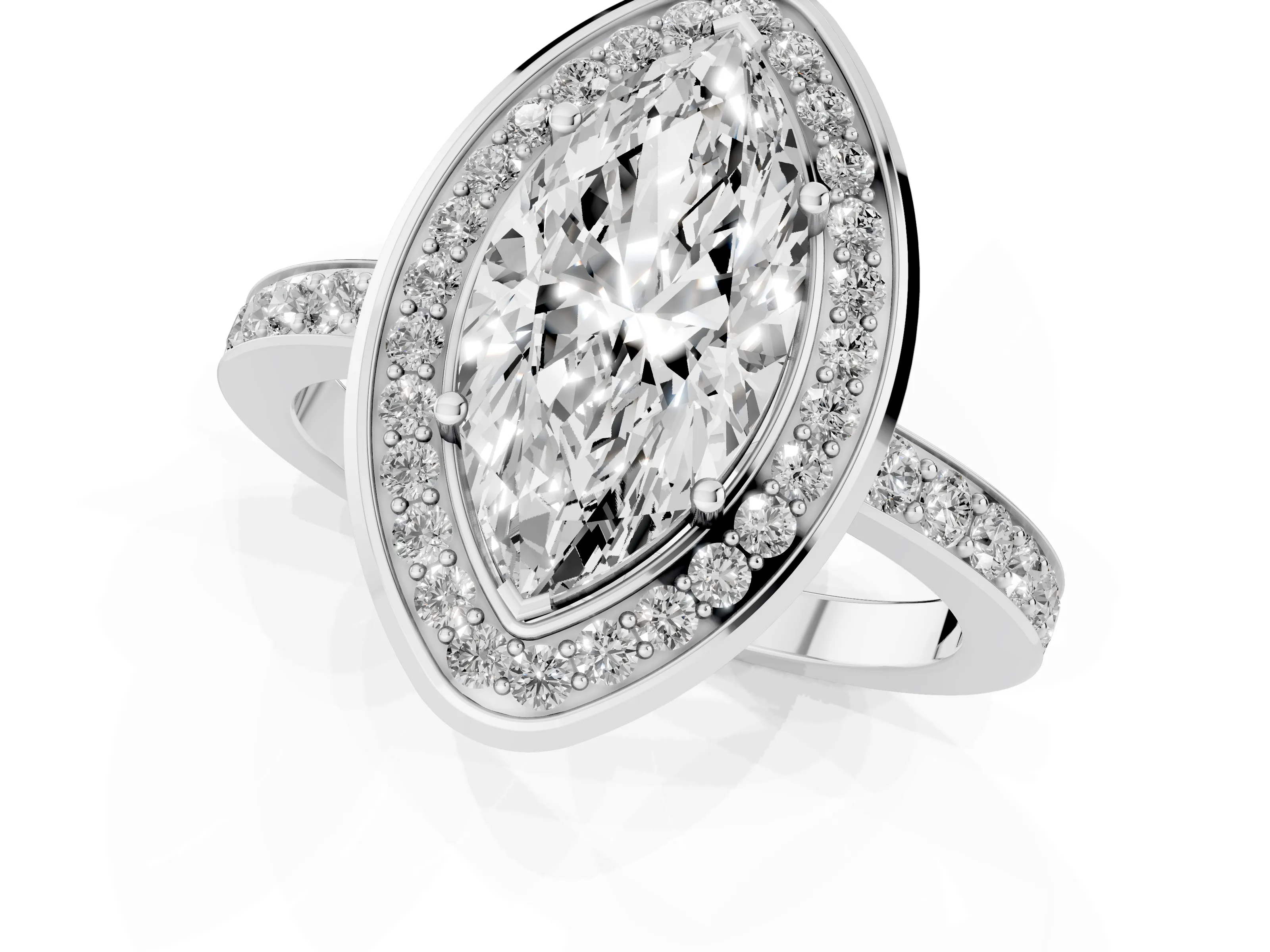 Marquise Cut Diamond Halo Ring Set in Platinum with Bezel Frame and Pavé Band