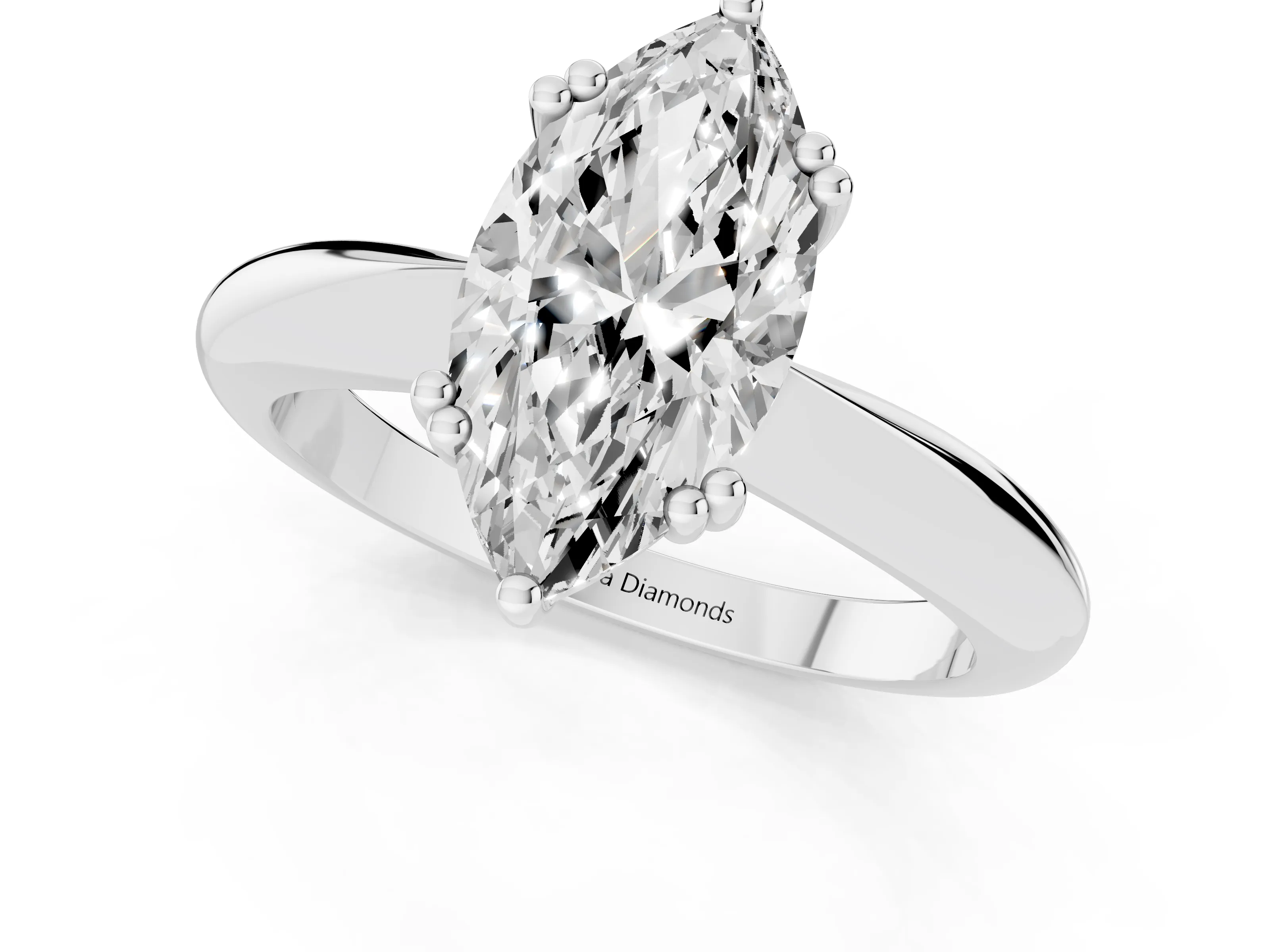Marquise Cut Diamond Solitaire Engagement Ring Set in White gold with Tapered Band and Prong Setting – second view