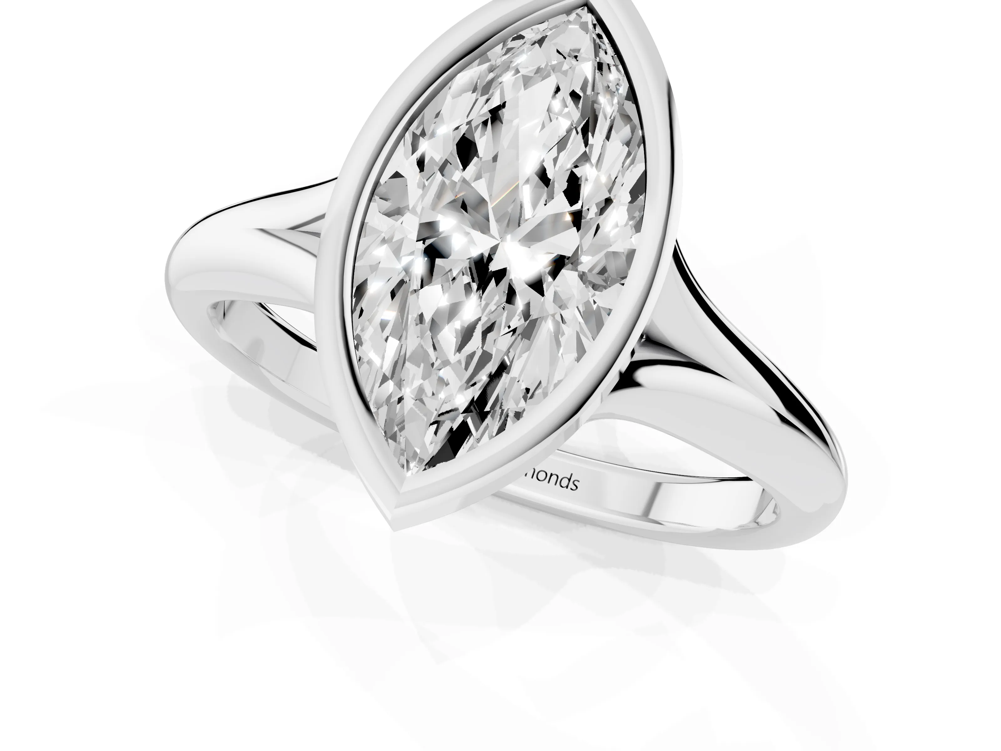Bezel Set Marquise Cut Diamond Solitaire Ring Set in White gold with Smooth Band