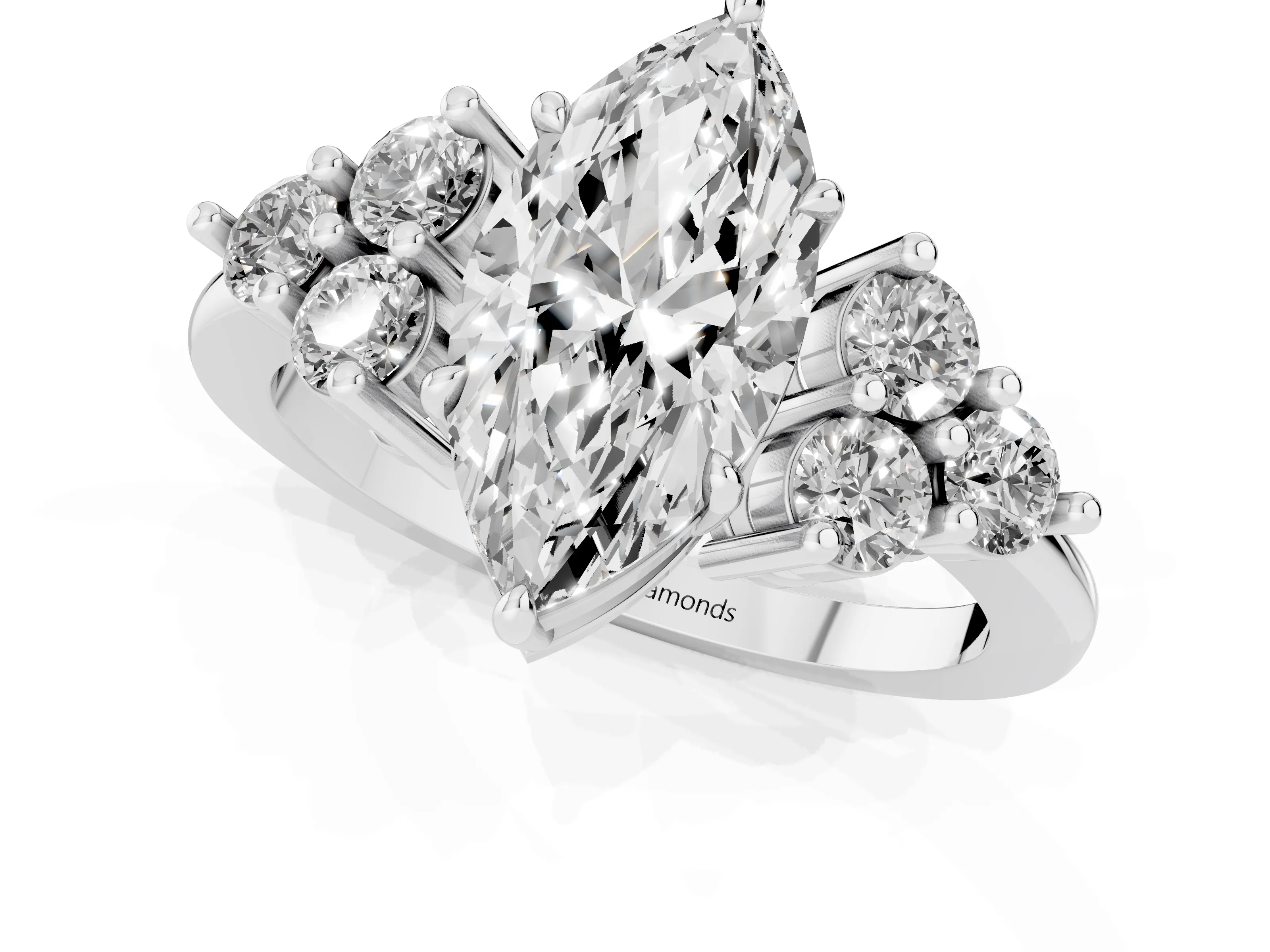 Marquise Cut Diamond Solitaire Ring Set in Platinum with Cluster Accents on Each Side