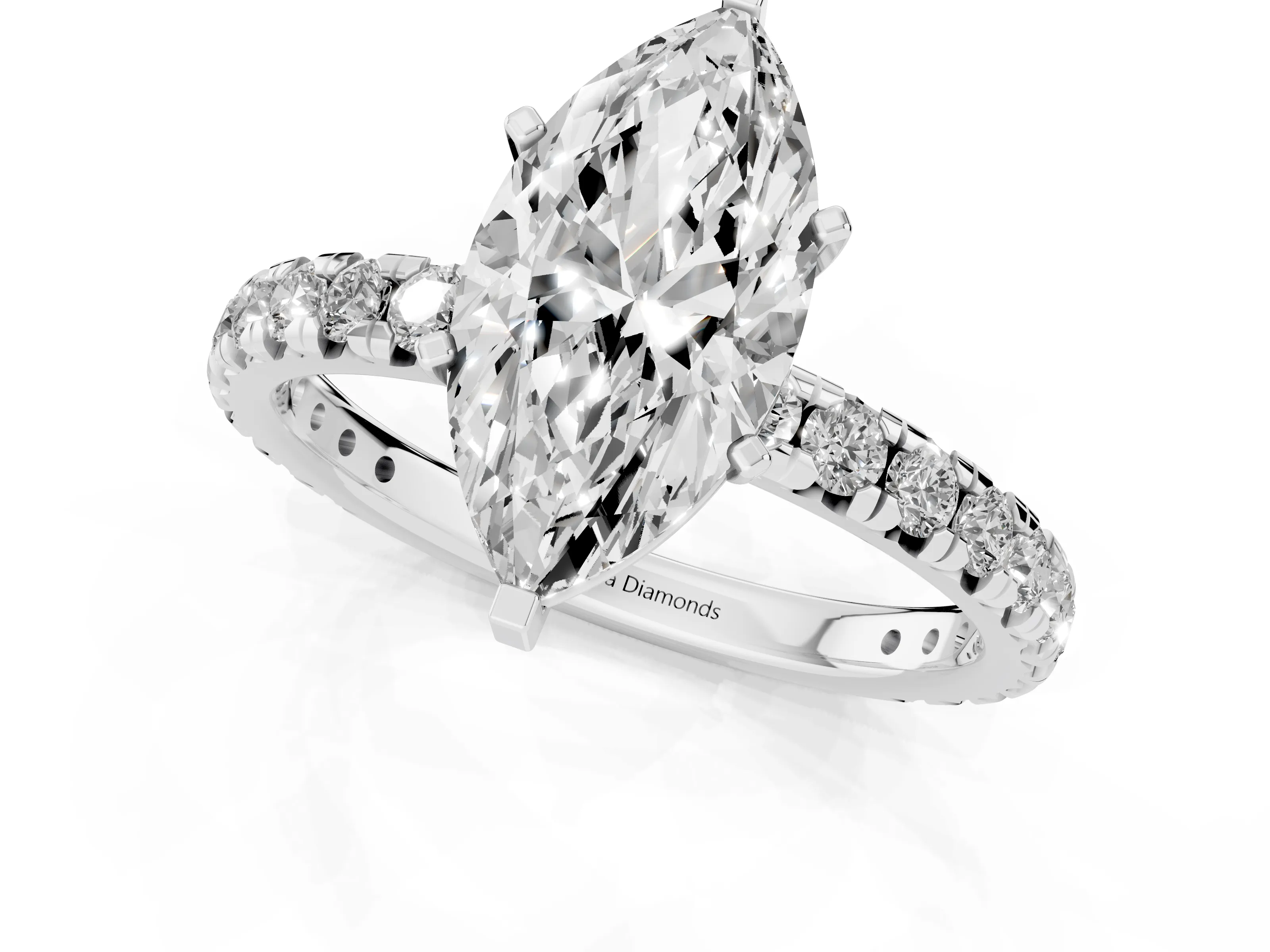 Marquise Cut Diamond Pavé Solitaire Ring Set in White gold with Round Band and Prong Setting
