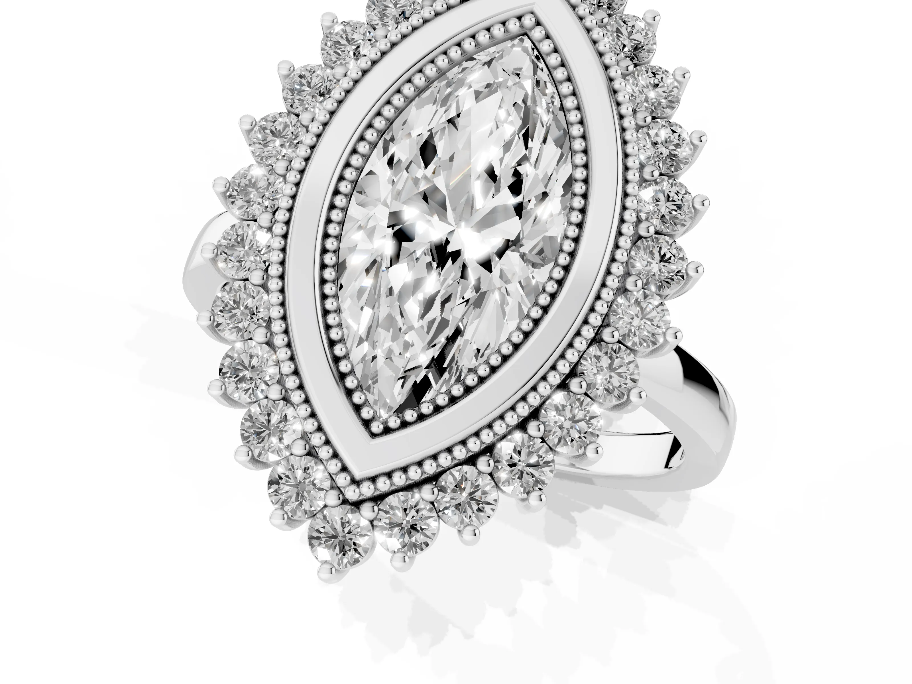 Marquise Cut Diamond Halo Ring Set in Silver with Milgrain Edge and Round Prong Setting