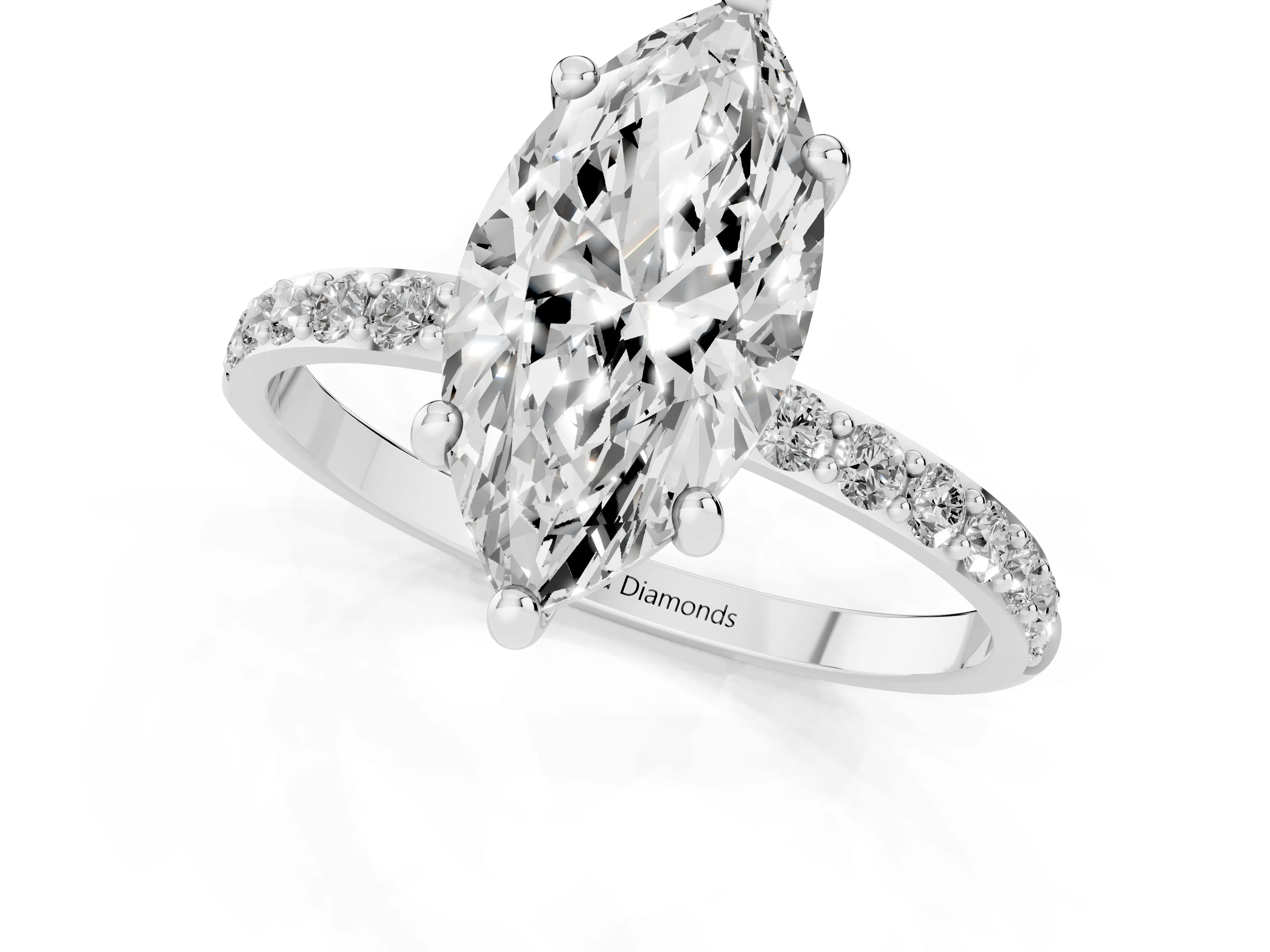 Marquise Cut Diamond Solitaire Ring Set in Silver with Round Pavé Band and Prong Setting