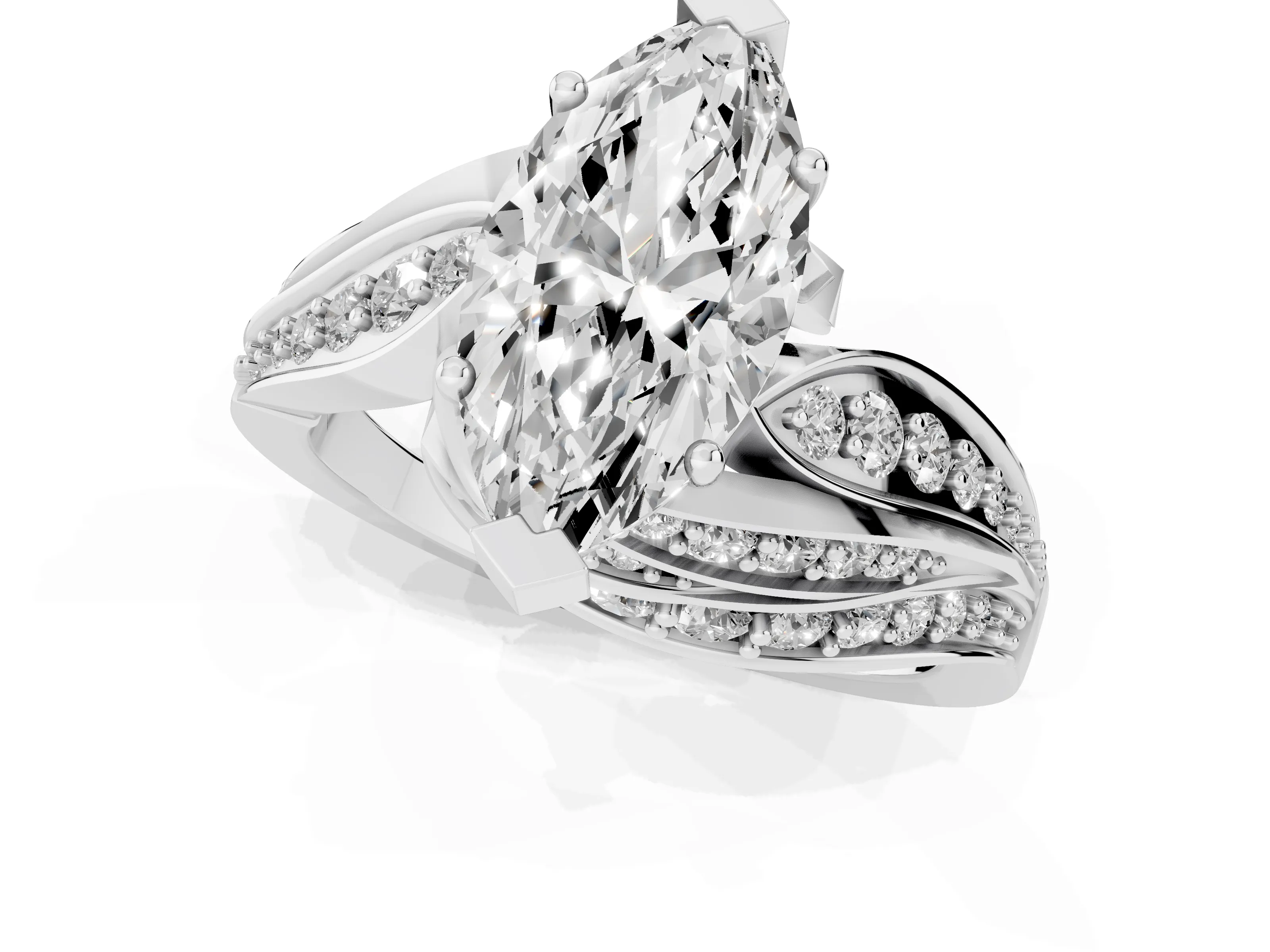 Marquise Cut Diamond Solitaire Ring Set in Platinum with Layered Twist Pavé Band