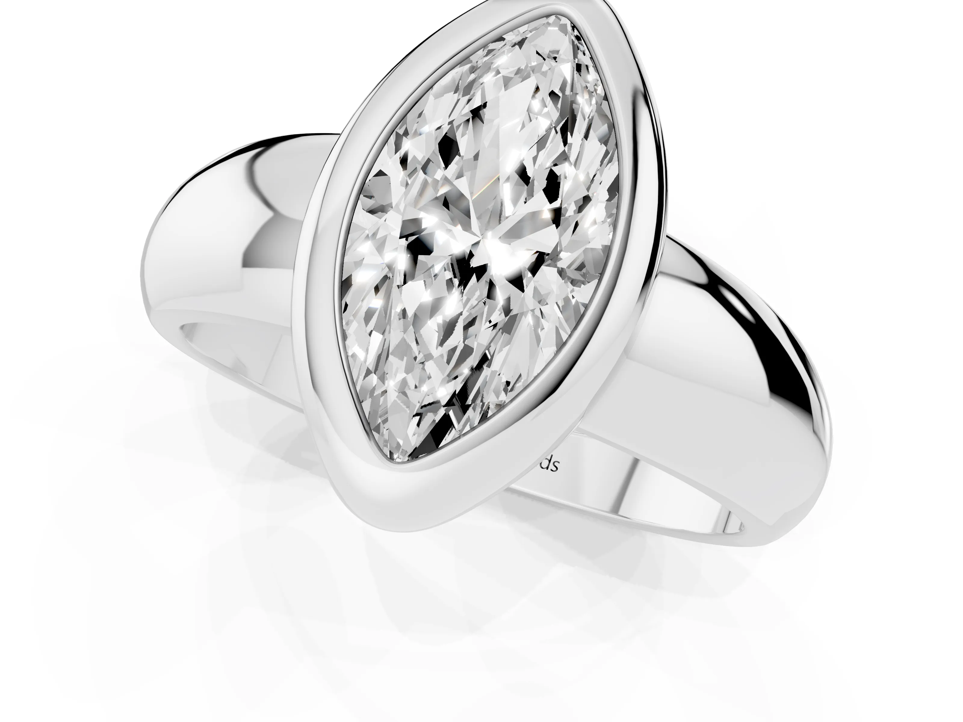 Bezel Set Marquise Cut Diamond Solitaire Ring Set in Silver with Wide Band