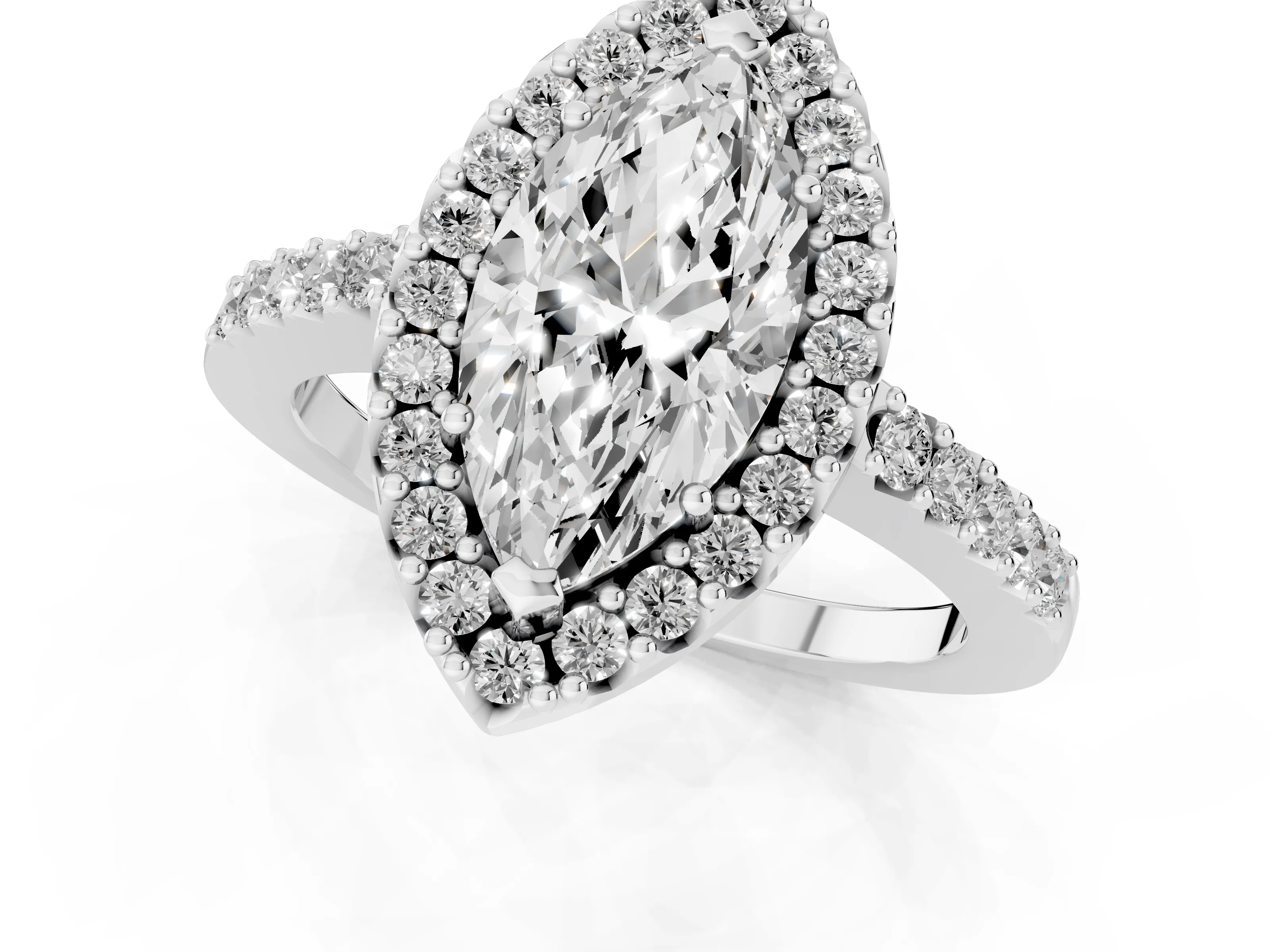 Marquise Cut Diamond Halo Pavé Solitaire Ring Set in White gold with Prong-Set Center Stone – second view