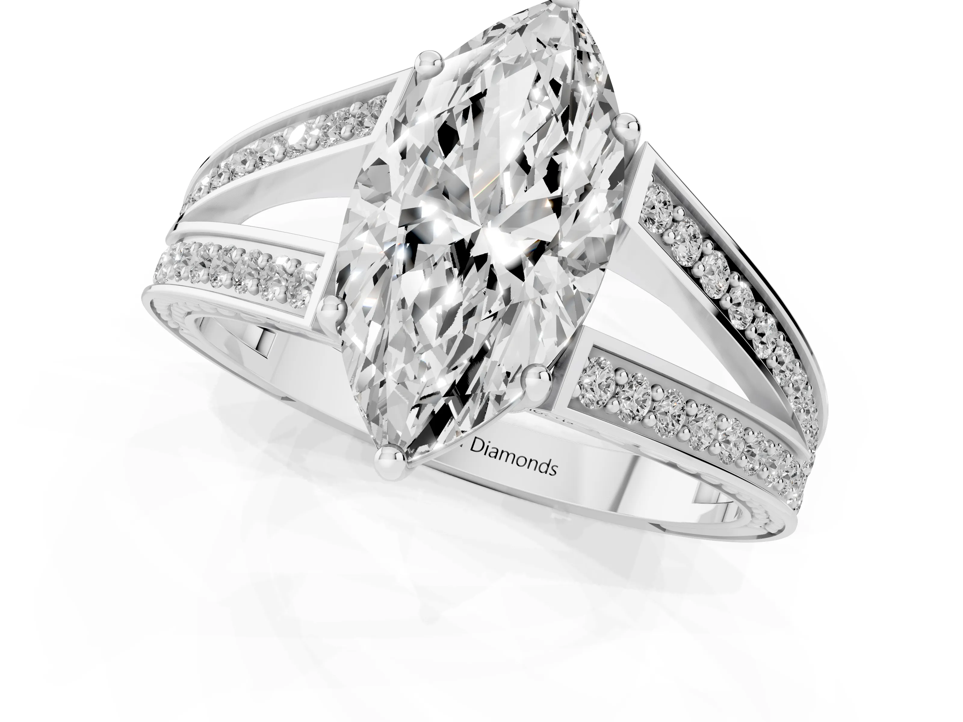 Marquise Cut Diamond Split Shank Ring Set in Platinum with Pavé Band and Prong Setting