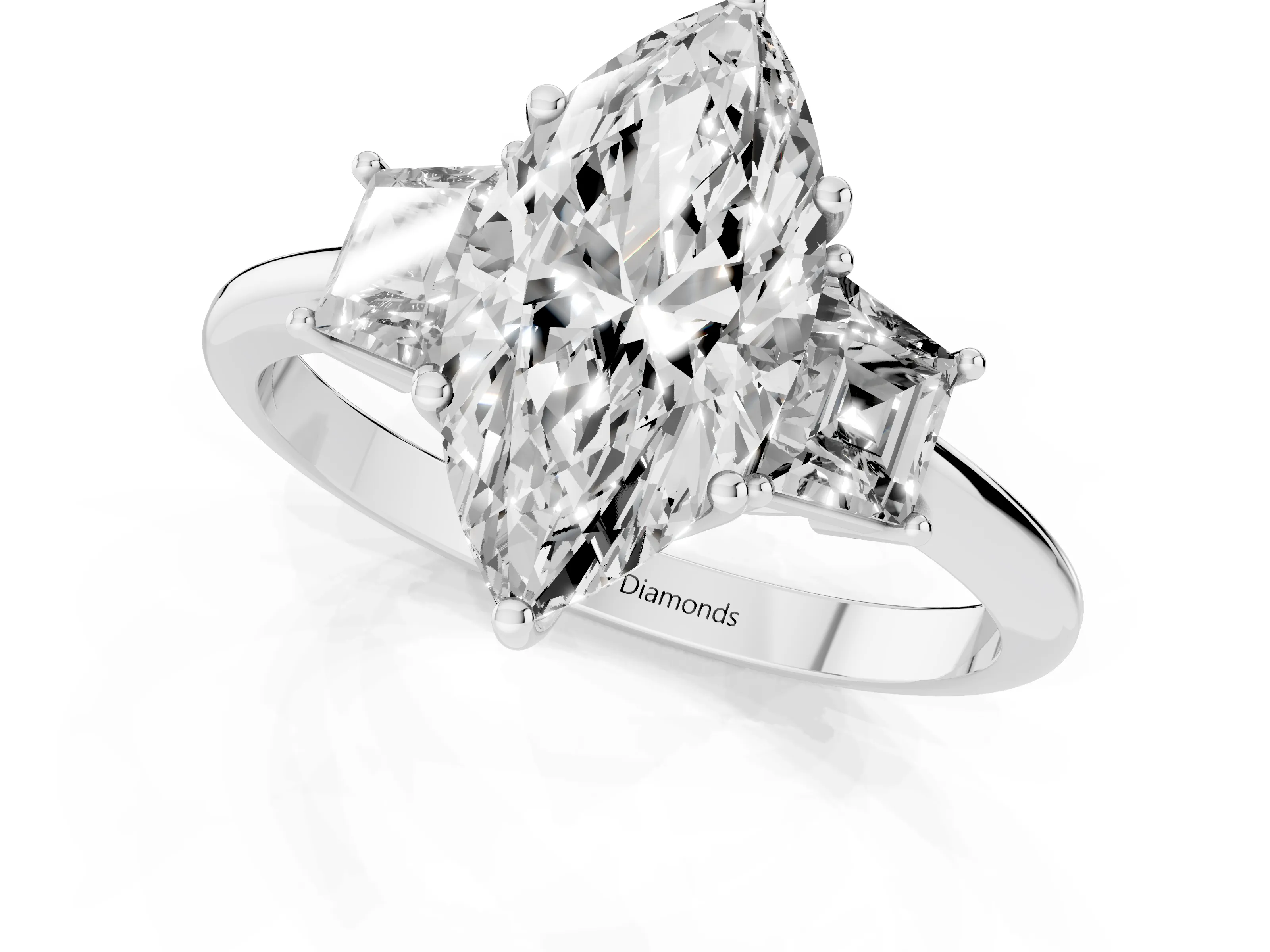 Marquise Cut Diamond Three-Stone Ring Set in White gold with Trapezoid Side Stones and Prong Setting