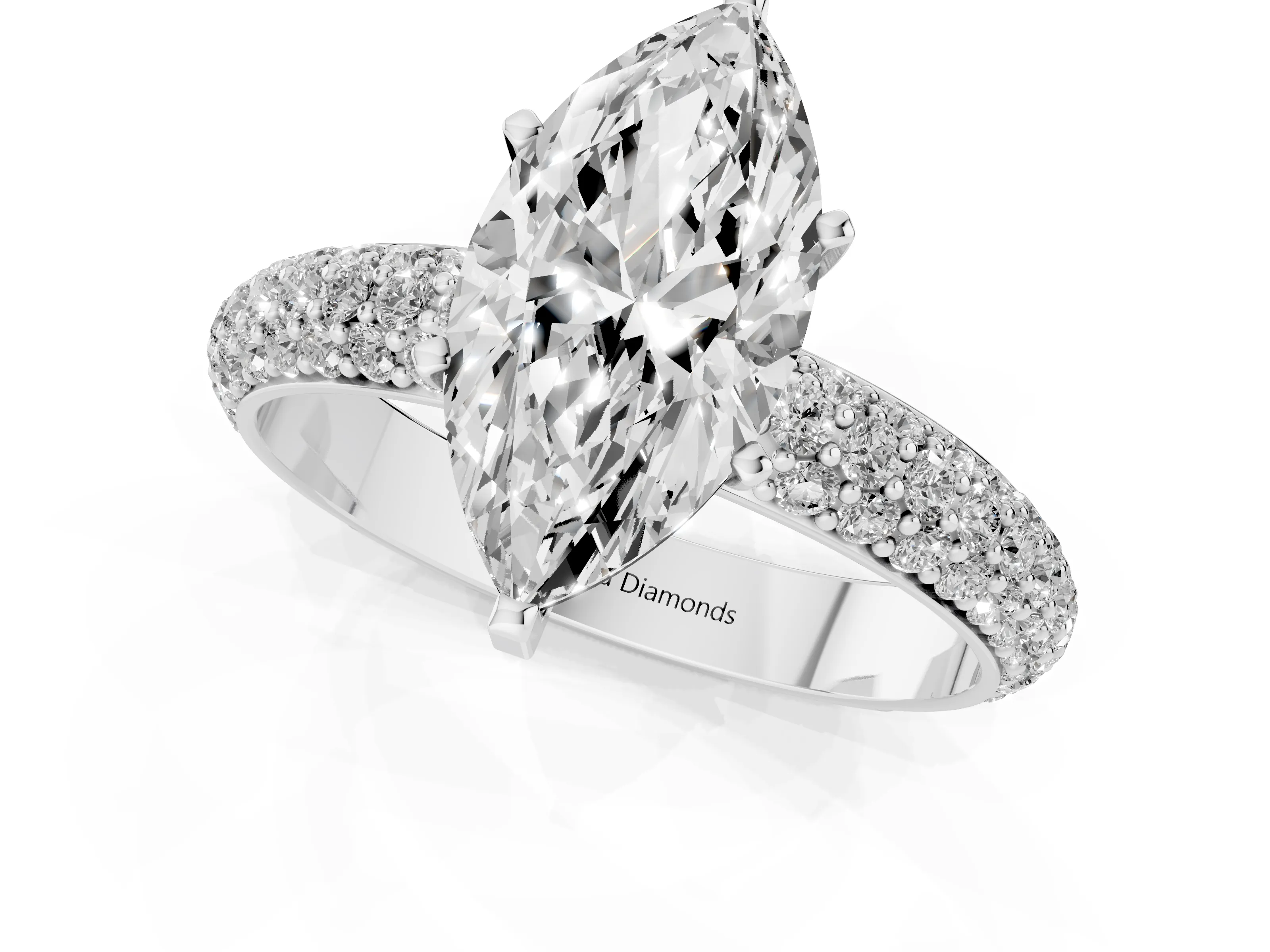 Marquise Cut Diamond Solitaire Ring Set in White gold with Prong Setting and Pavé-Set Band